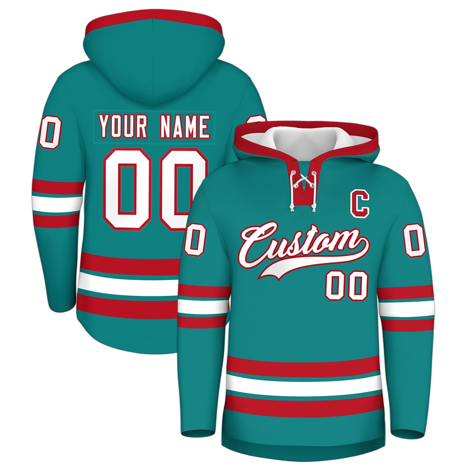 Custom Hockey Hoodie Jersey Teal Red Classic Style for Men&Youth