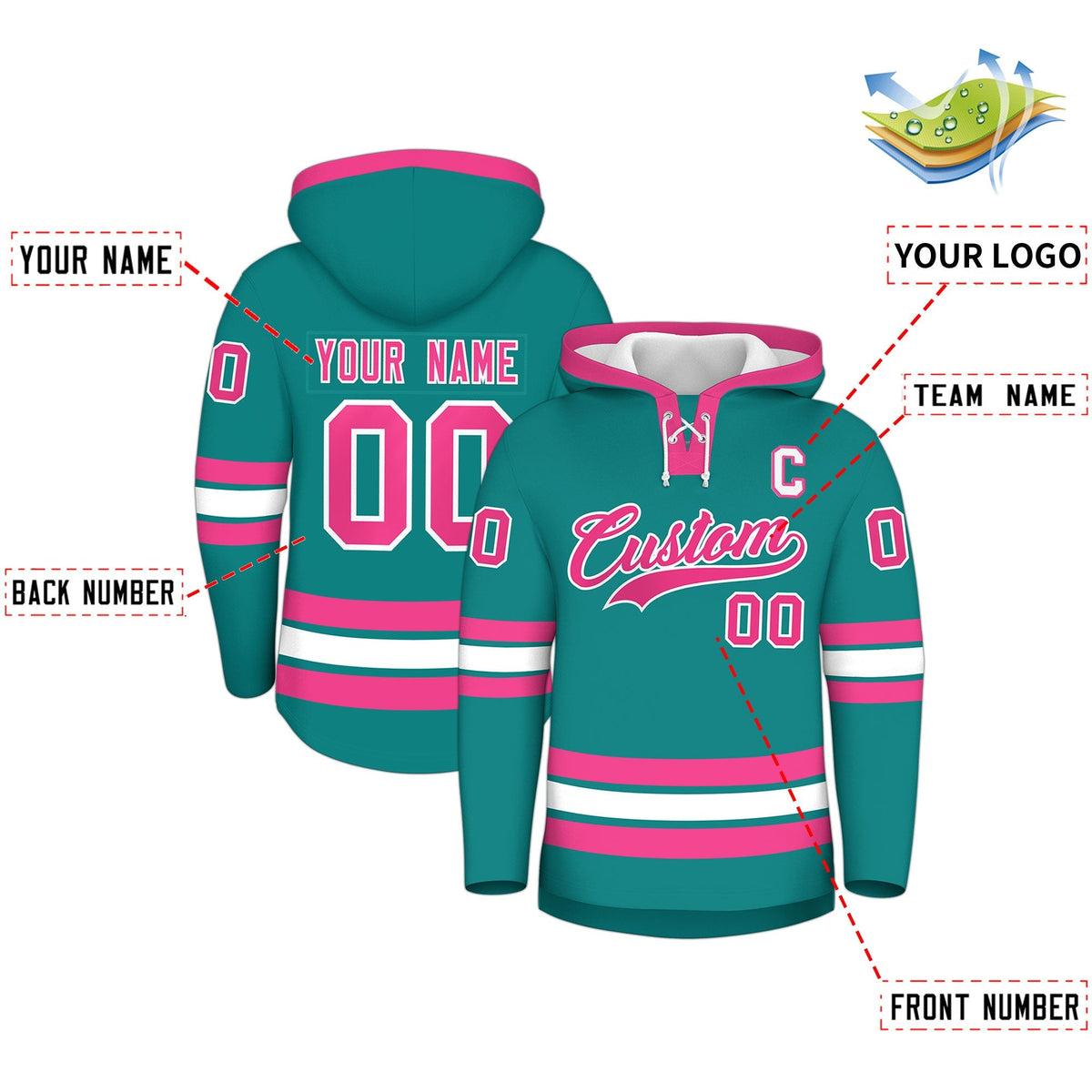 Custom Hockey Hoodie Jersey Teal Pink Classic Style for Men&amp;Youth