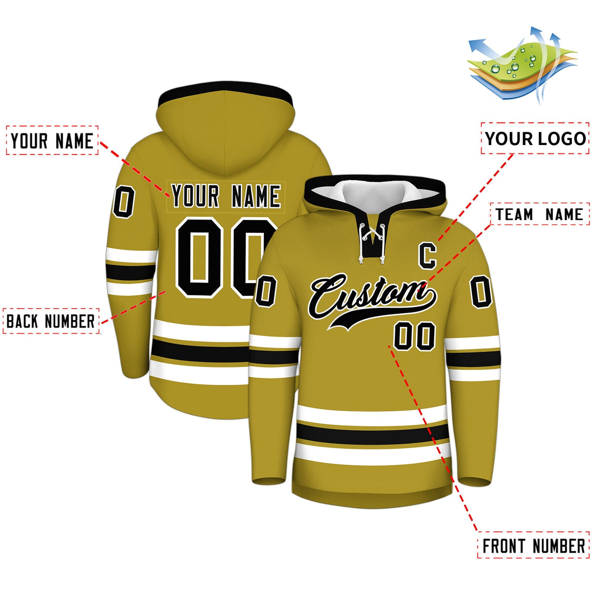 Custom Hockey Hoodie Jersey Old Gold Black Classic Style for Men&amp;Youth