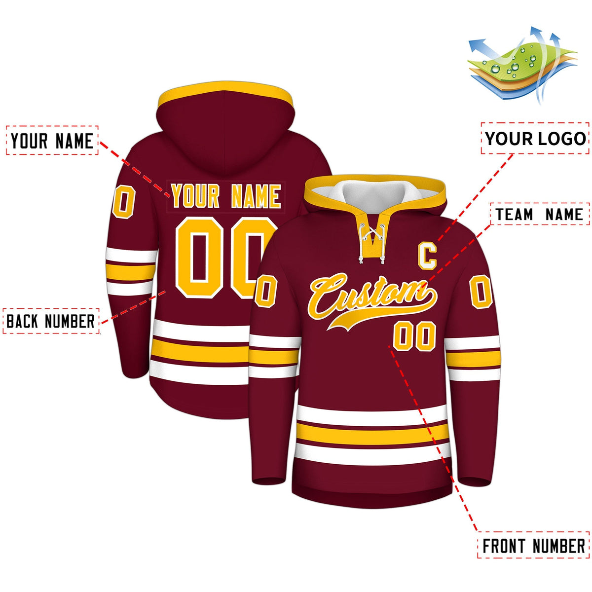 Custom Hockey Hoodie Jersey Crimson Gold Classic Style Add Name,Number &amp; Logo