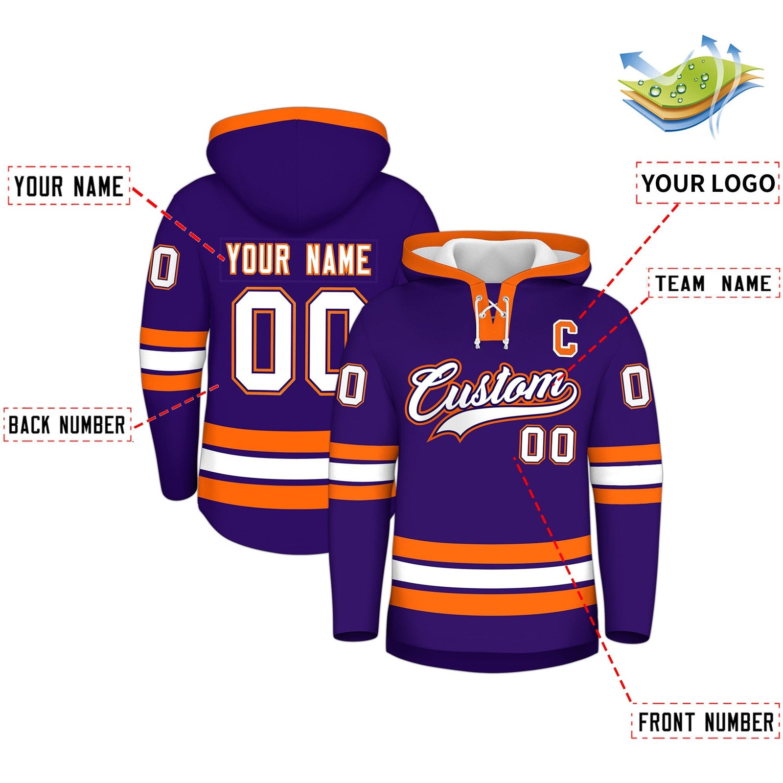 Custom Hockey Hoodie Jersey Purple Orange Classic Style Add Name,Number & Logo