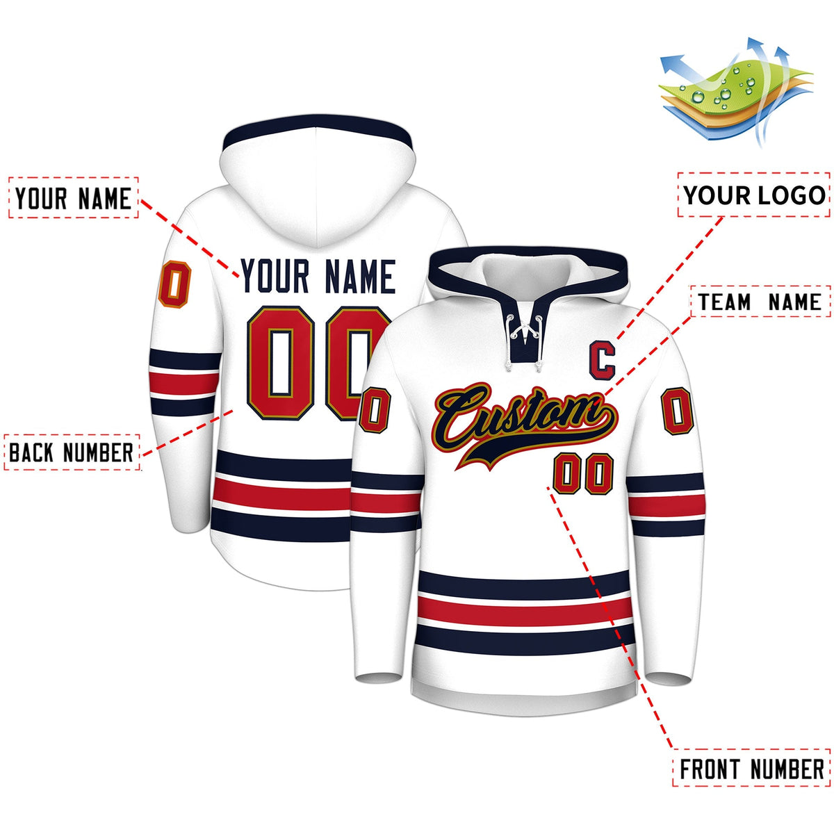 Custom Hockey Hoodie Jersey White Navy Classic Style Add Name,Number &amp; Logo