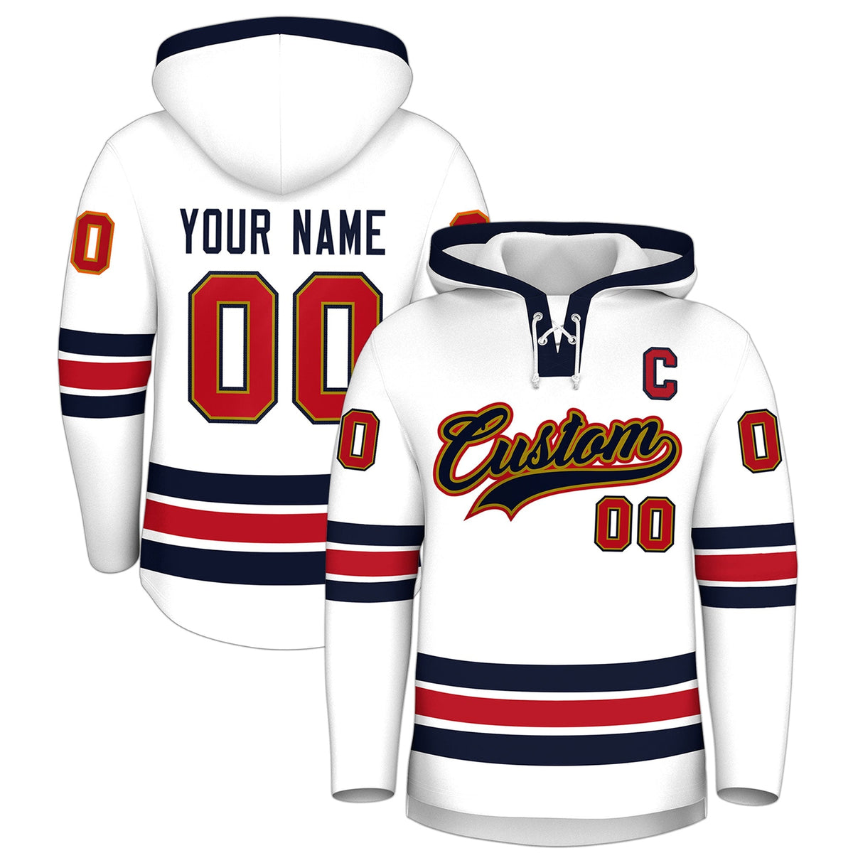 Custom Hockey Hoodie Jersey White Navy Classic Style Add Name,Number &amp; Logo
