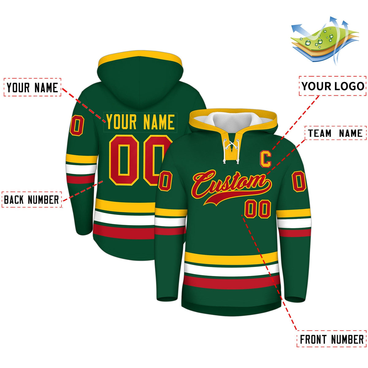 Custom Hockey Hoodie Jersey Dark Green Gold Classic Style Add Name,Number &amp; Logo