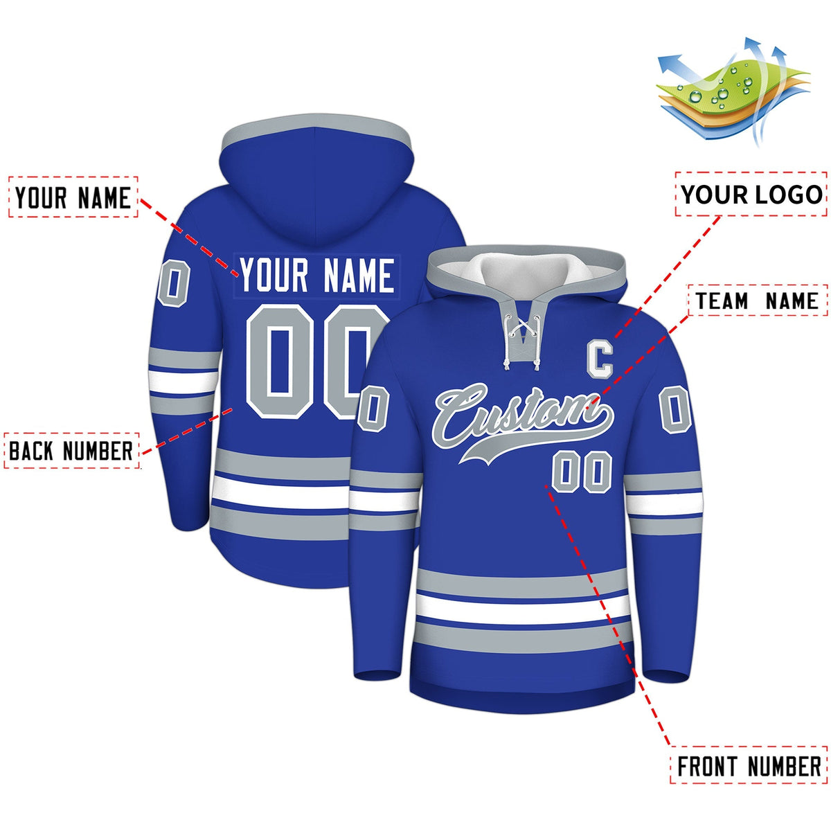 Custom Hockey Hoodie Jersey Royal Blue Silver Classic Style for Men&amp;Youth