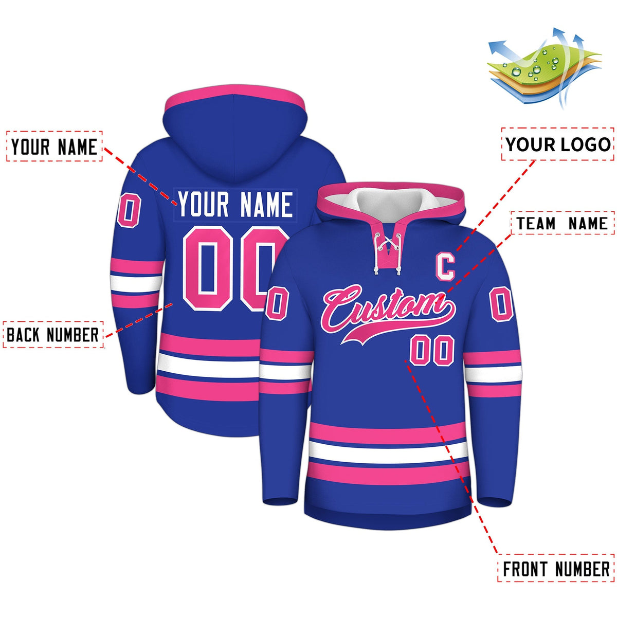 Custom Hockey Hoodie Jersey Royal Blue Pink Classic Style Add Name,Number &amp; Logo