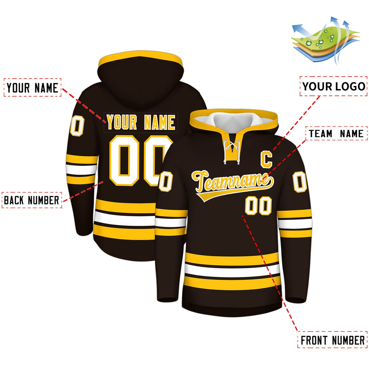 Custom Hockey Hoodie Jersey Brown Gold Classic Style Add Name,Number &amp; Logo