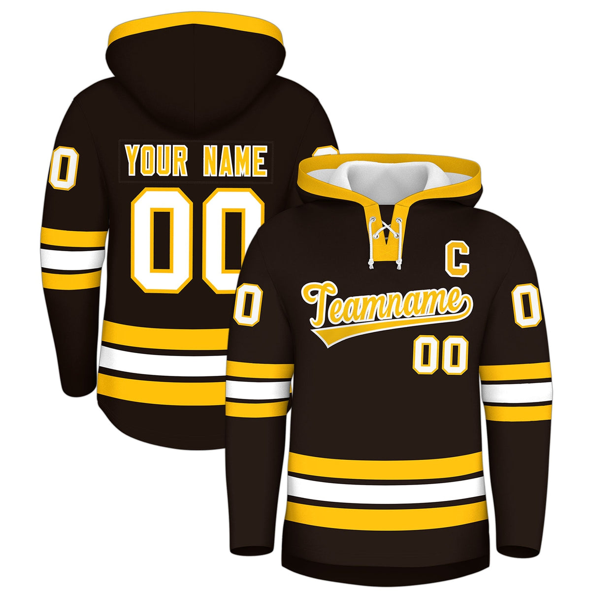 Custom Hockey Hoodie Jersey Brown Gold Classic Style Add Name,Number &amp; Logo