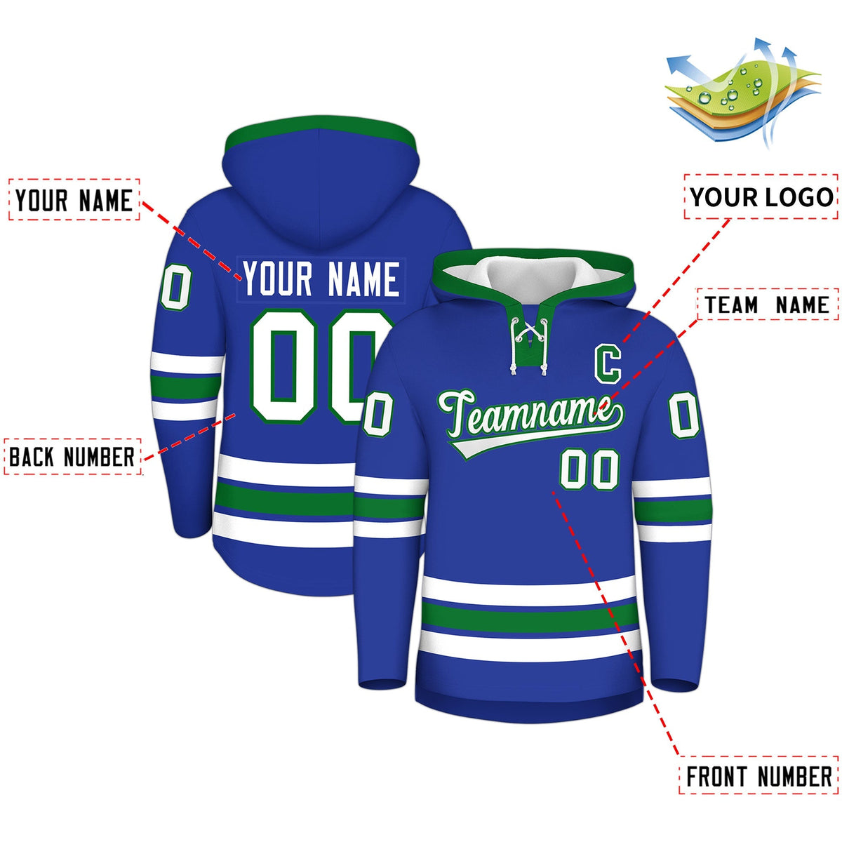 Custom Hockey Hoodie Jersey Royal Blue Kelly Green Classic Style for Men&amp;Youth