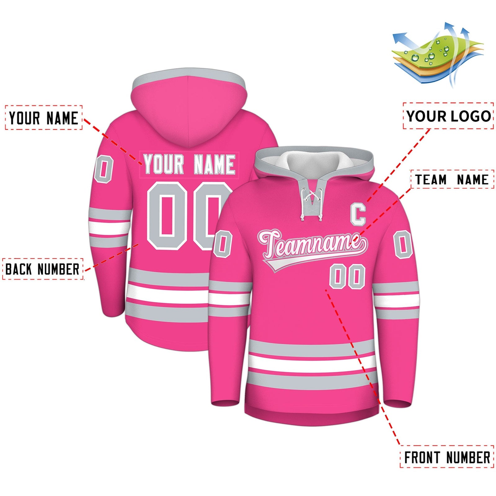 Custom Hockey Hoodie Jersey Pink Silver Classic Style Add Name,Number & Logo