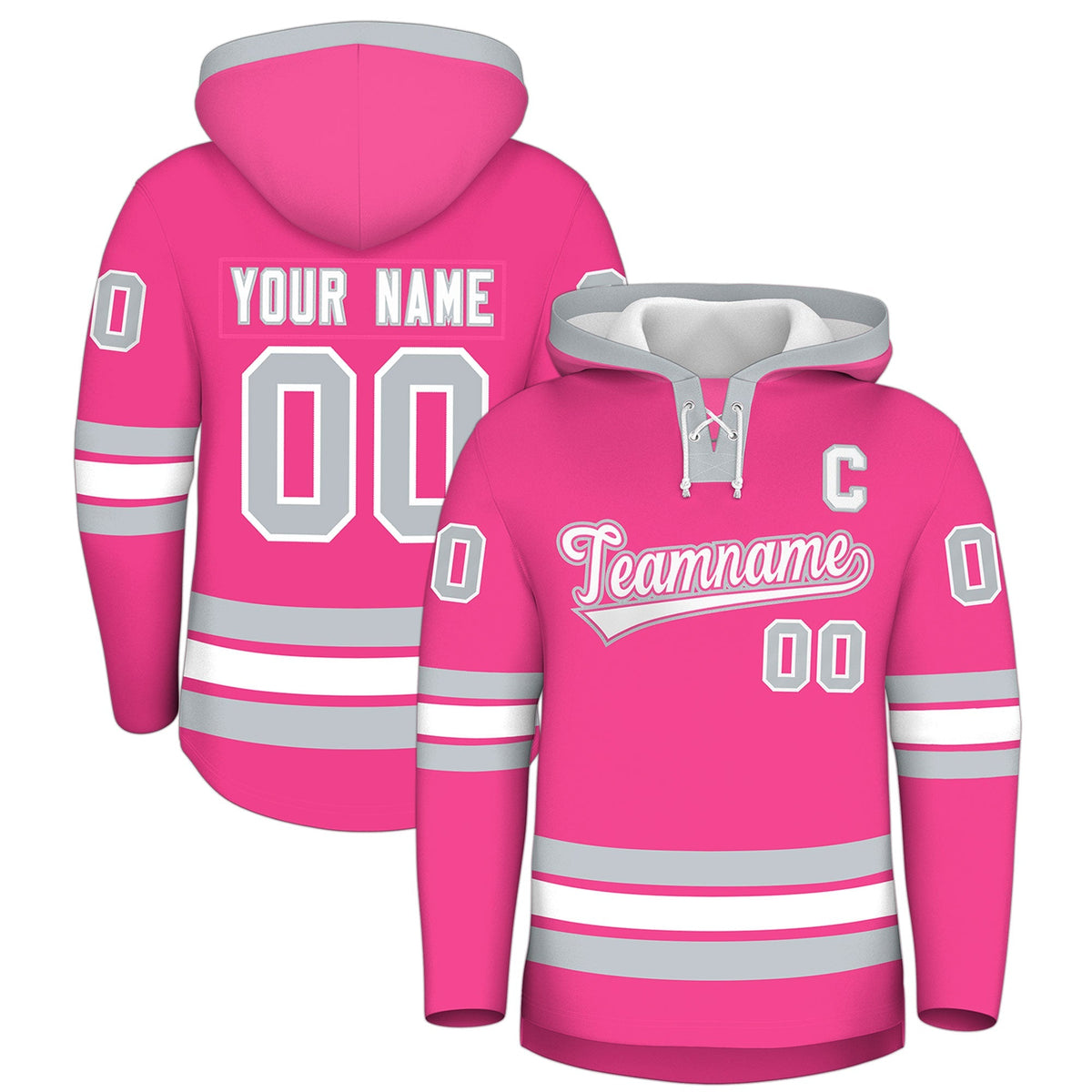 Custom Hockey Hoodie Jersey Pink Silver Classic Style Add Name,Number &amp; Logo