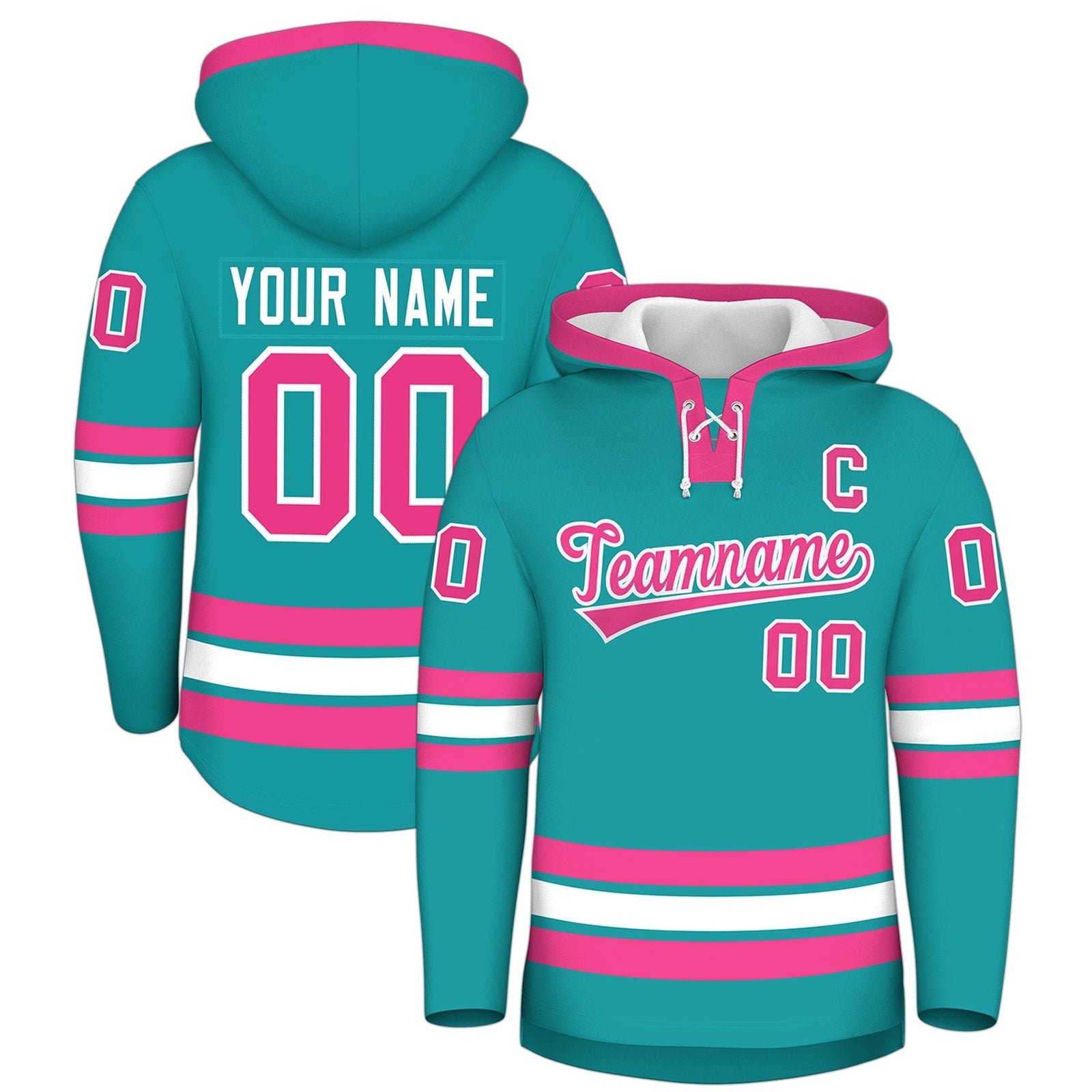 Custom Hockey Hoodie Jersey Aqua Pink Classic Style Add Name,Number & Logo