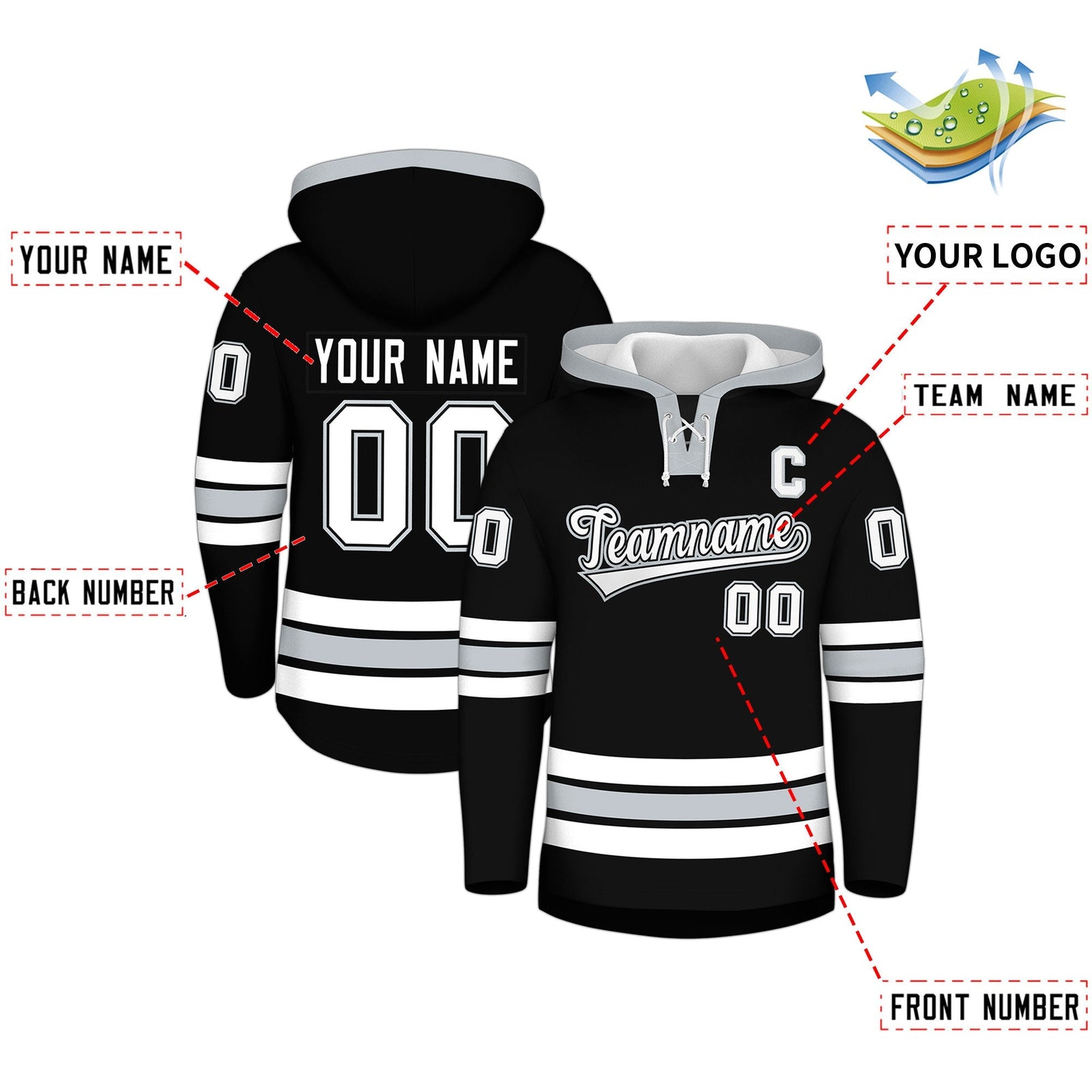 Custom Hockey Hoodie Jersey Black Silver Classic Style for Men&Youth