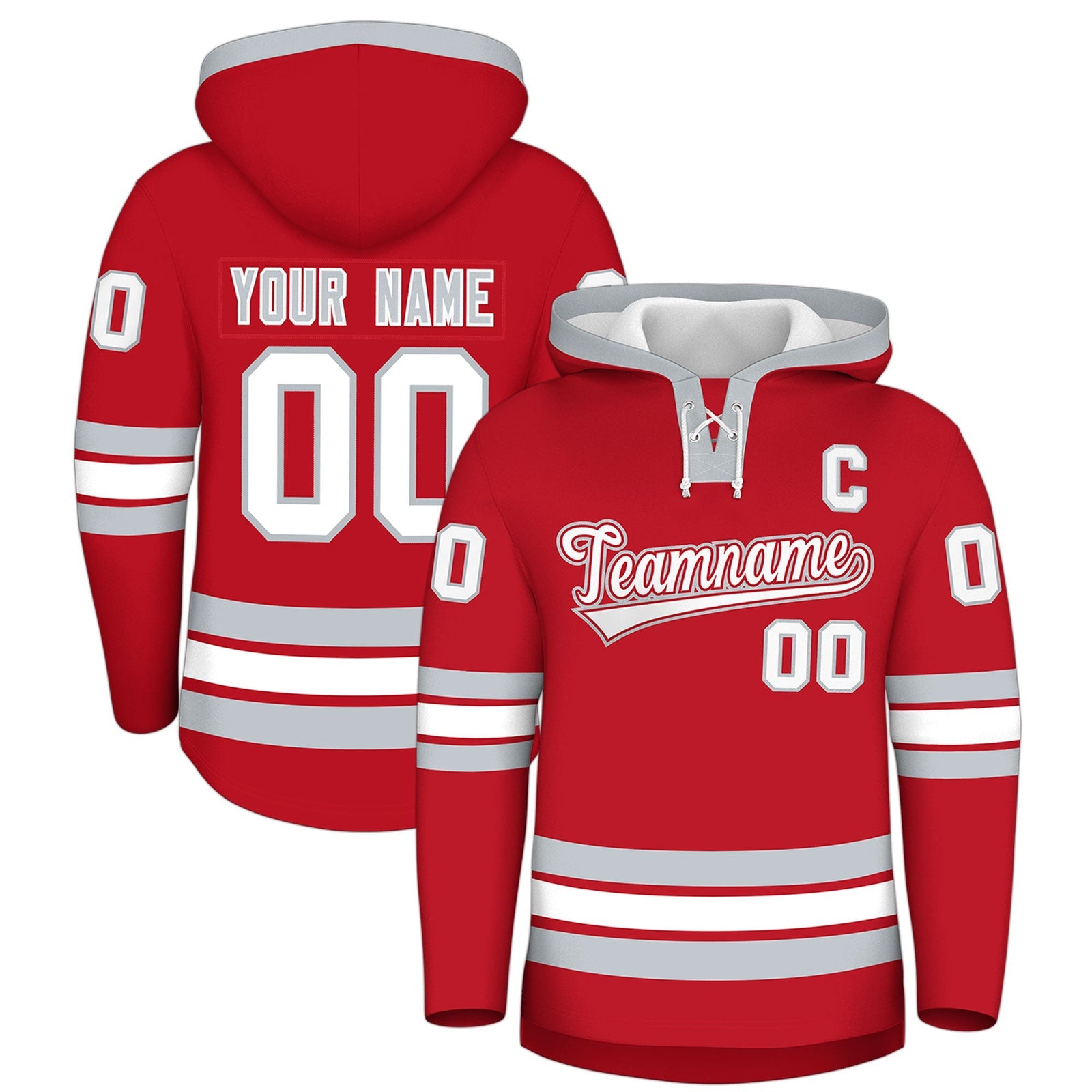 Custom Hockey Hoodie Jersey Red Silver Classic Style Add Name,Number & Logo
