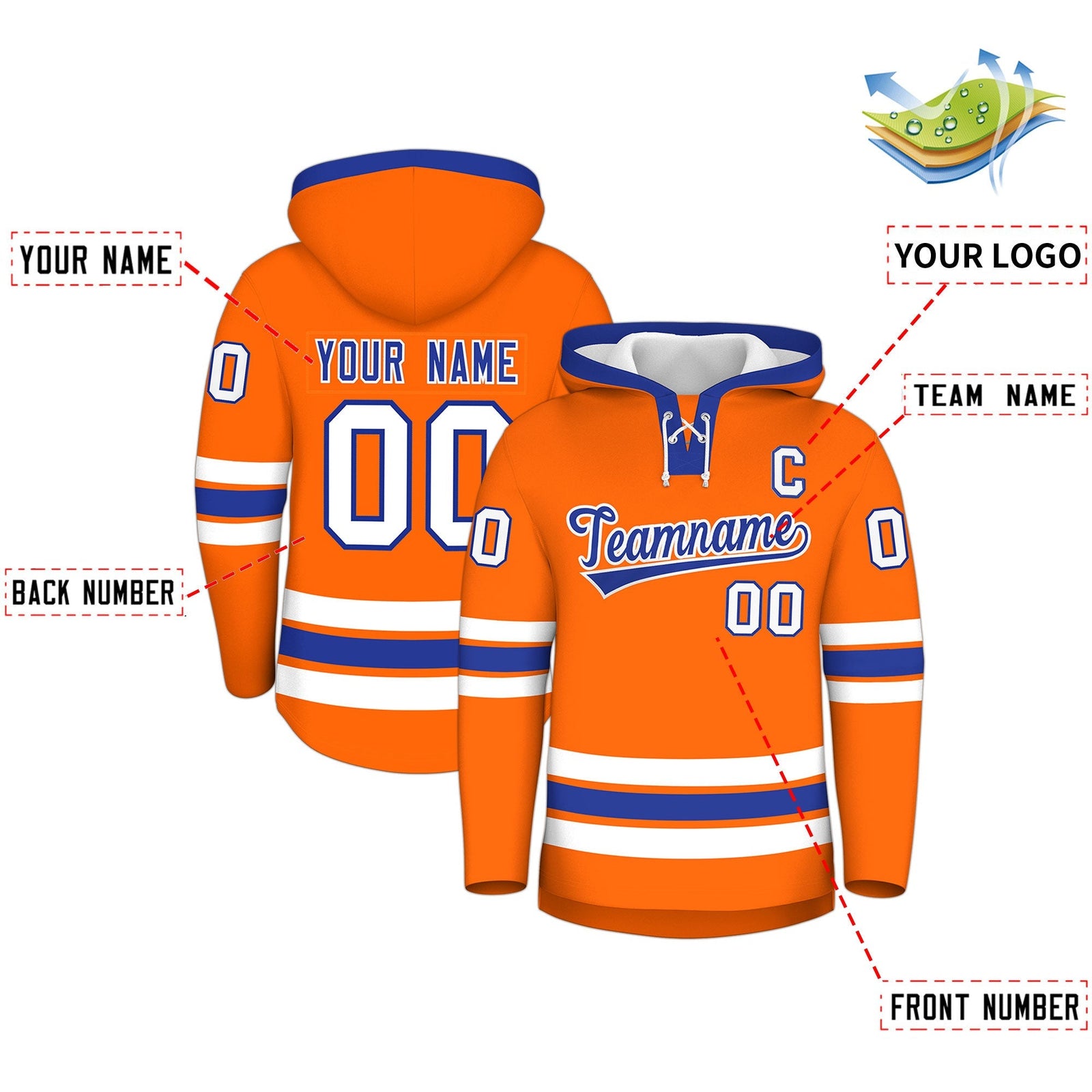 Custom Hockey Hoodie Jersey Orange Royal Blue Classic Style for Men&Youth