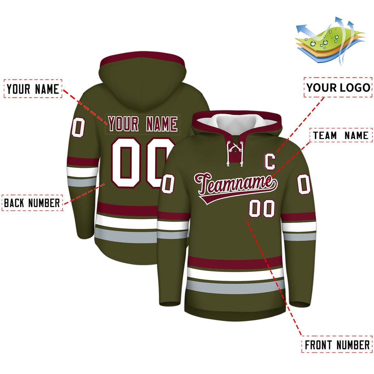 Custom Hockey Hoodie Jersey Olive Crimson Classic Style Add Name,Number &amp; Logo