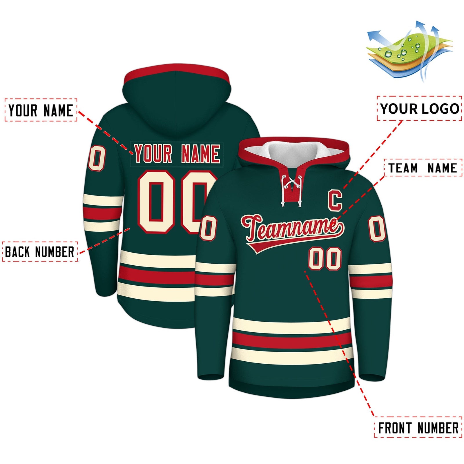 Custom Hockey Hoodie Jersey Midnight Green Red Classic Style Add Name,Number & Logo