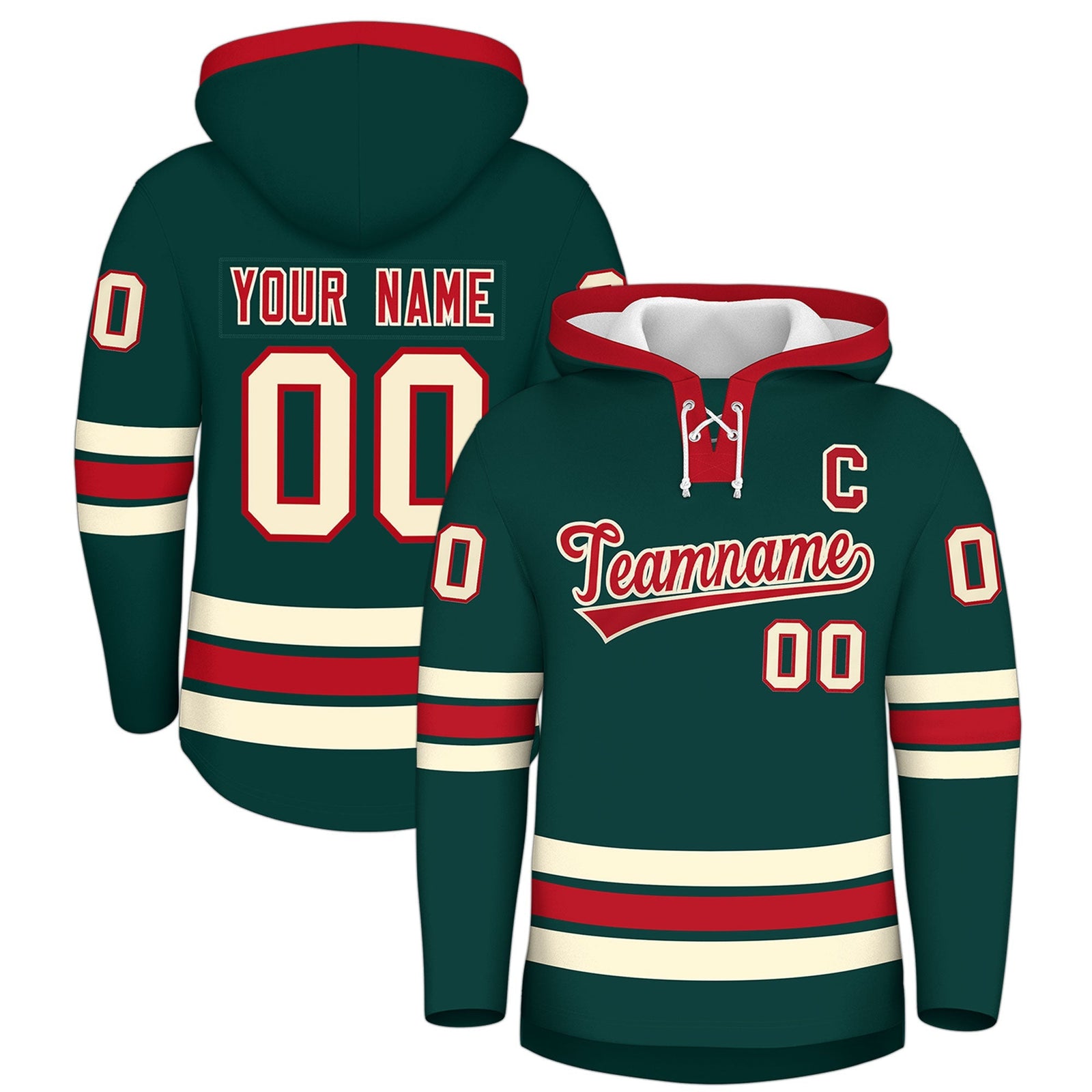 Custom Hockey Hoodie Jersey Midnight Green Red Classic Style Add Name,Number & Logo
