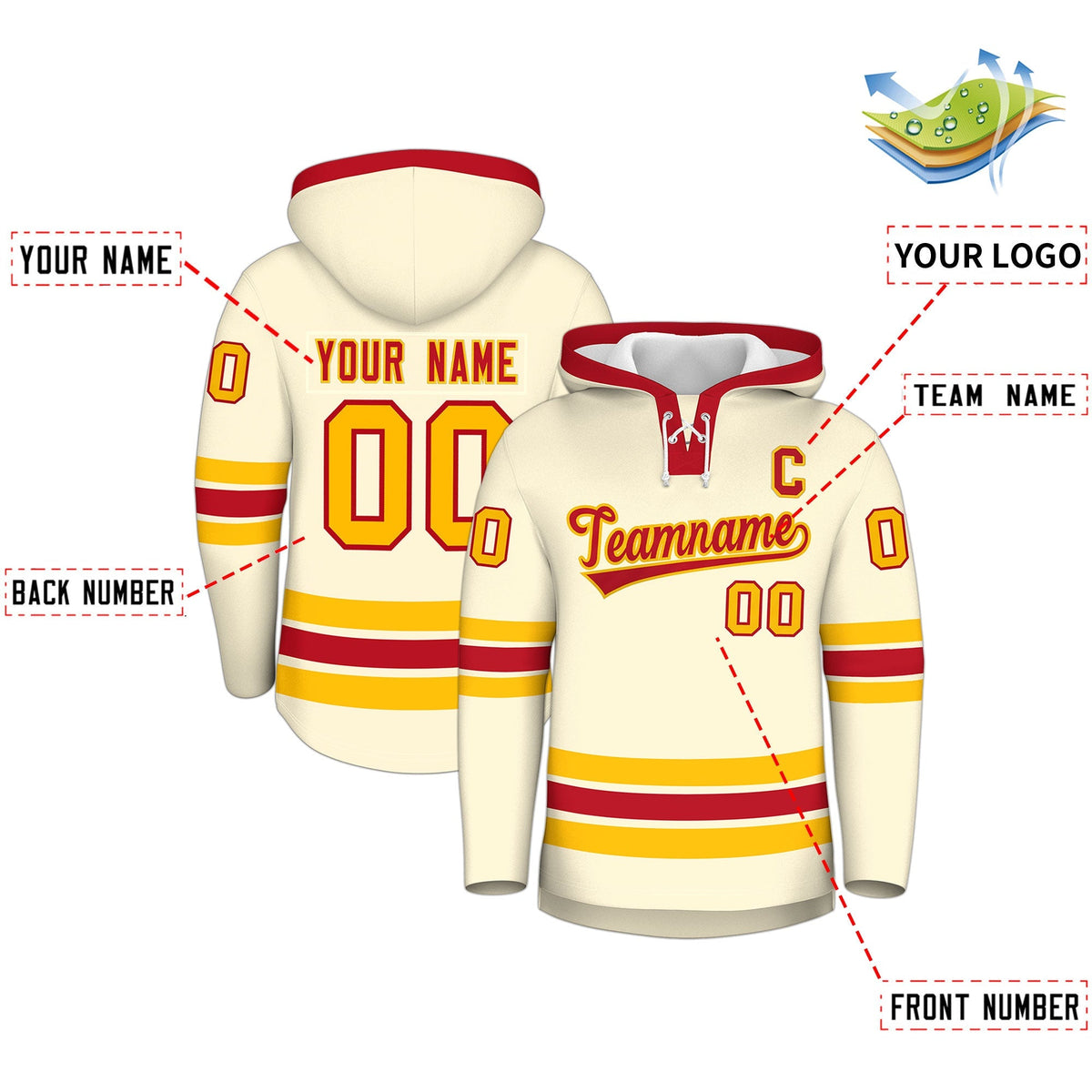Custom Hockey Hoodie Jersey Cream Red Classic Style Add Name,Number &amp; Logo