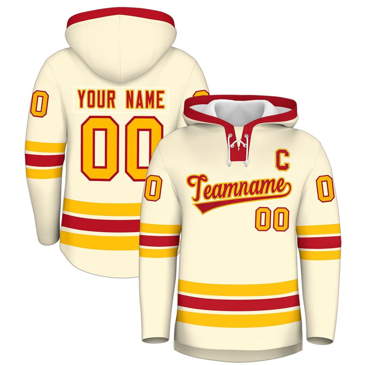 Custom Hockey Hoodie Jersey Cream Red Classic Style Add Name,Number &amp; Logo