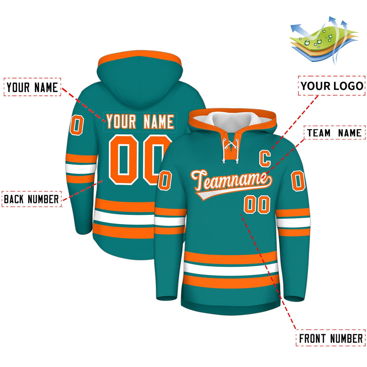 Custom Hockey Hoodie Jersey Teal Orange Classic Style Add Name,Number &amp; Logo