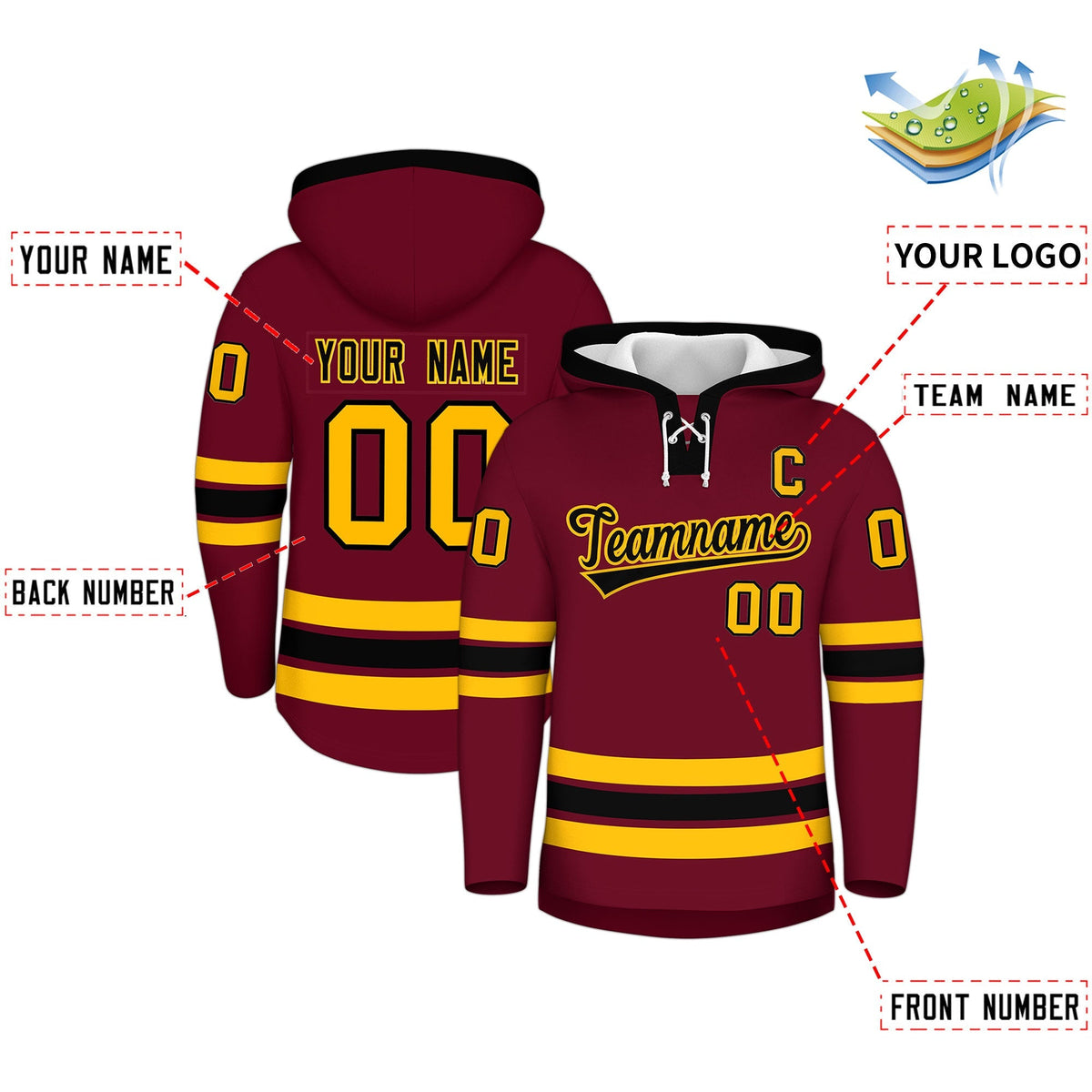 Custom Hockey Hoodie Jersey Crimson Black Classic Style Add Name,Number &amp; Logo