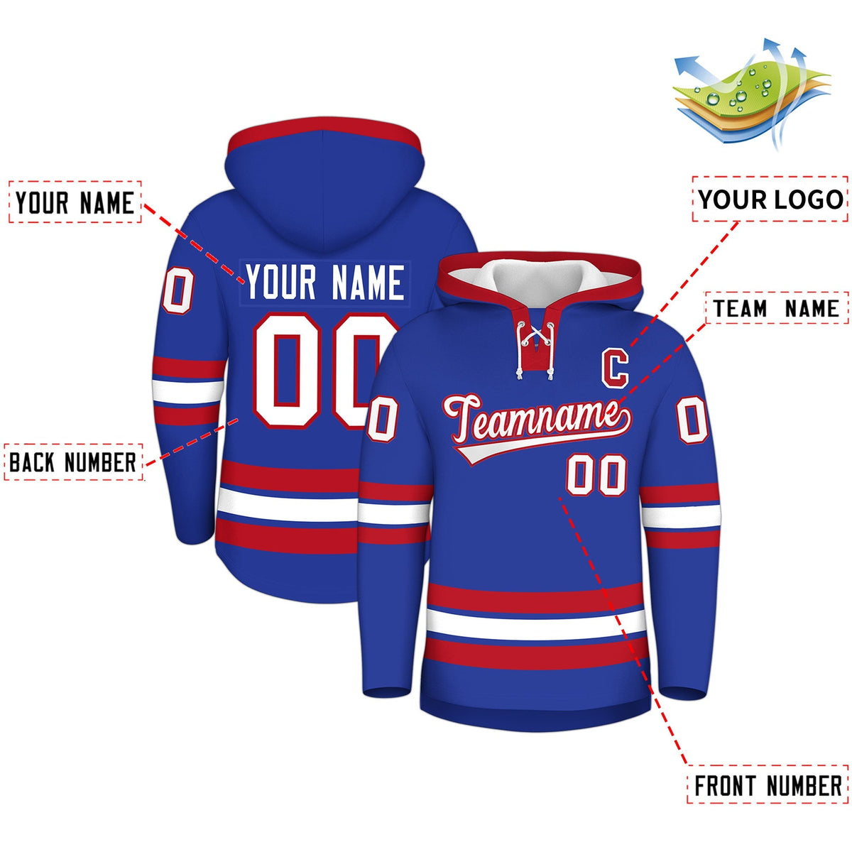 Custom Hockey Hoodie Jersey Royal Blue Red Classic Style Add Name,Number &amp; Logo