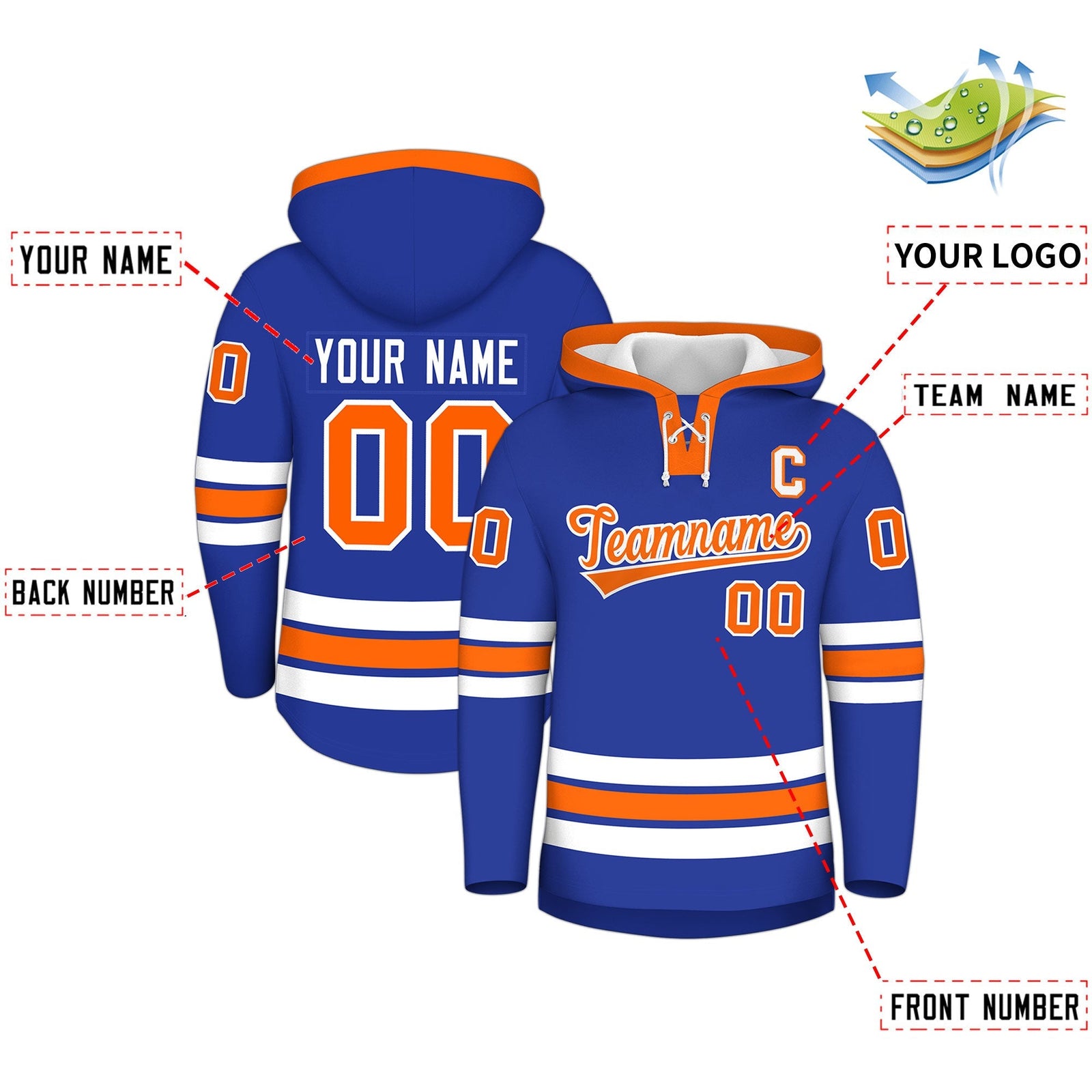Custom Hockey Hoodie Jersey Royal Blue Orange Classic Style for Men&Youth