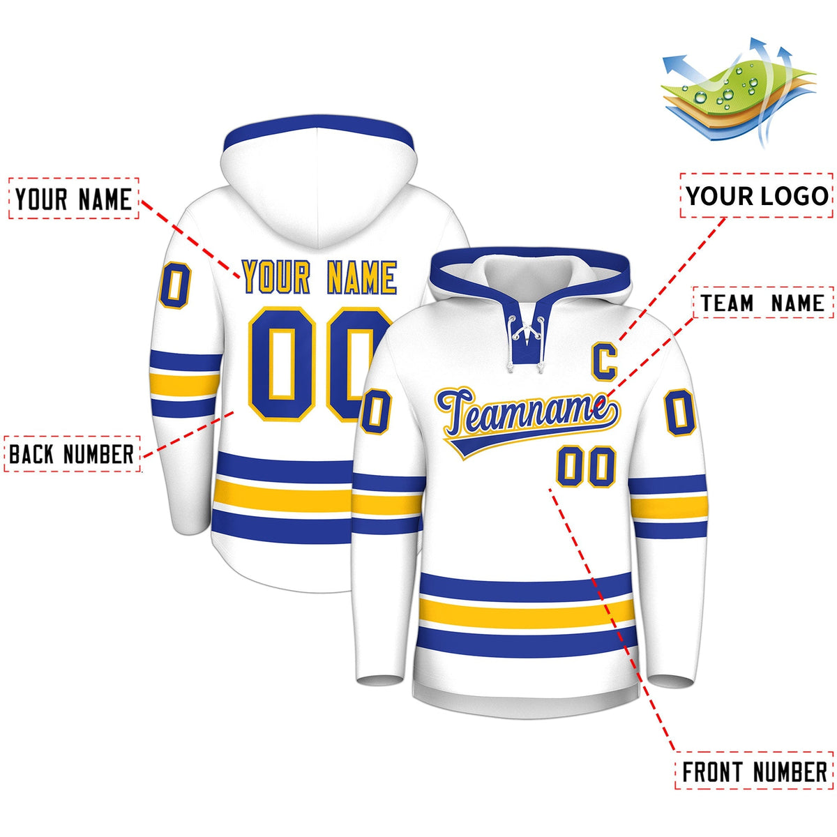 Custom Hockey Hoodie Jersey White Royal Blue Classic Style Add Name,Number &amp; Logo