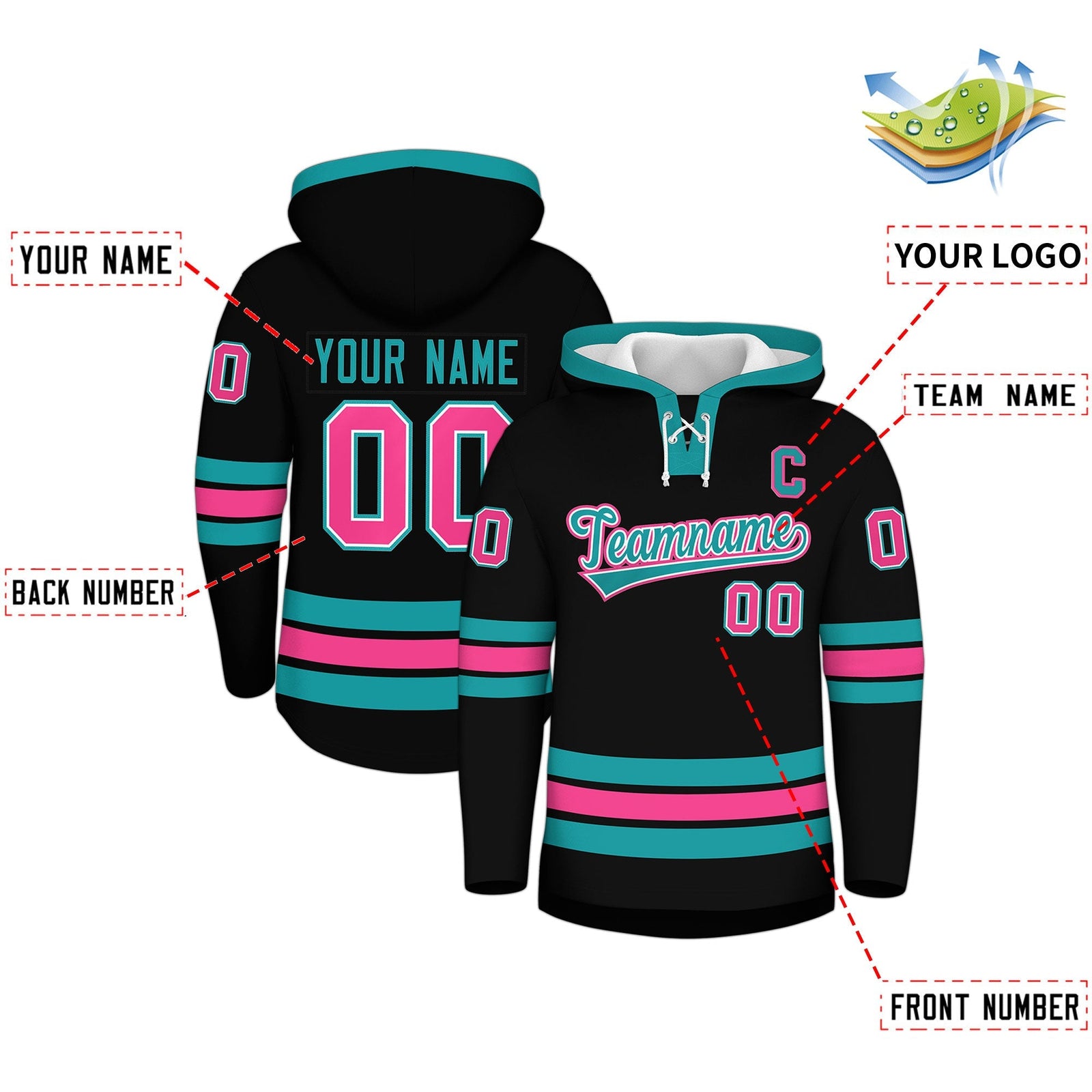 Custom Hockey Hoodie Jersey Black Aqua Classic Style Add Name,Number & Logo