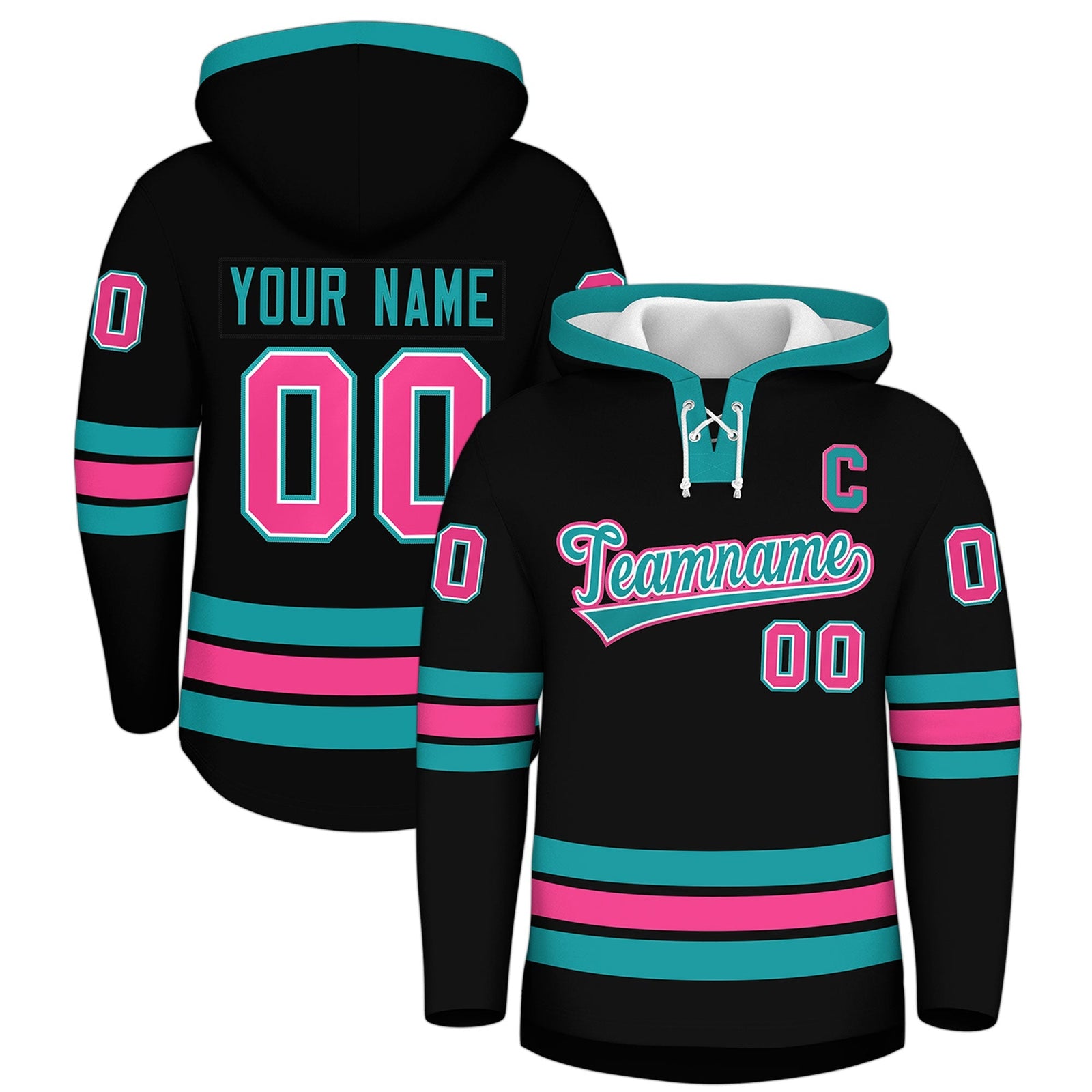 Custom Hockey Hoodie Jersey Black Aqua Classic Style Add Name,Number & Logo