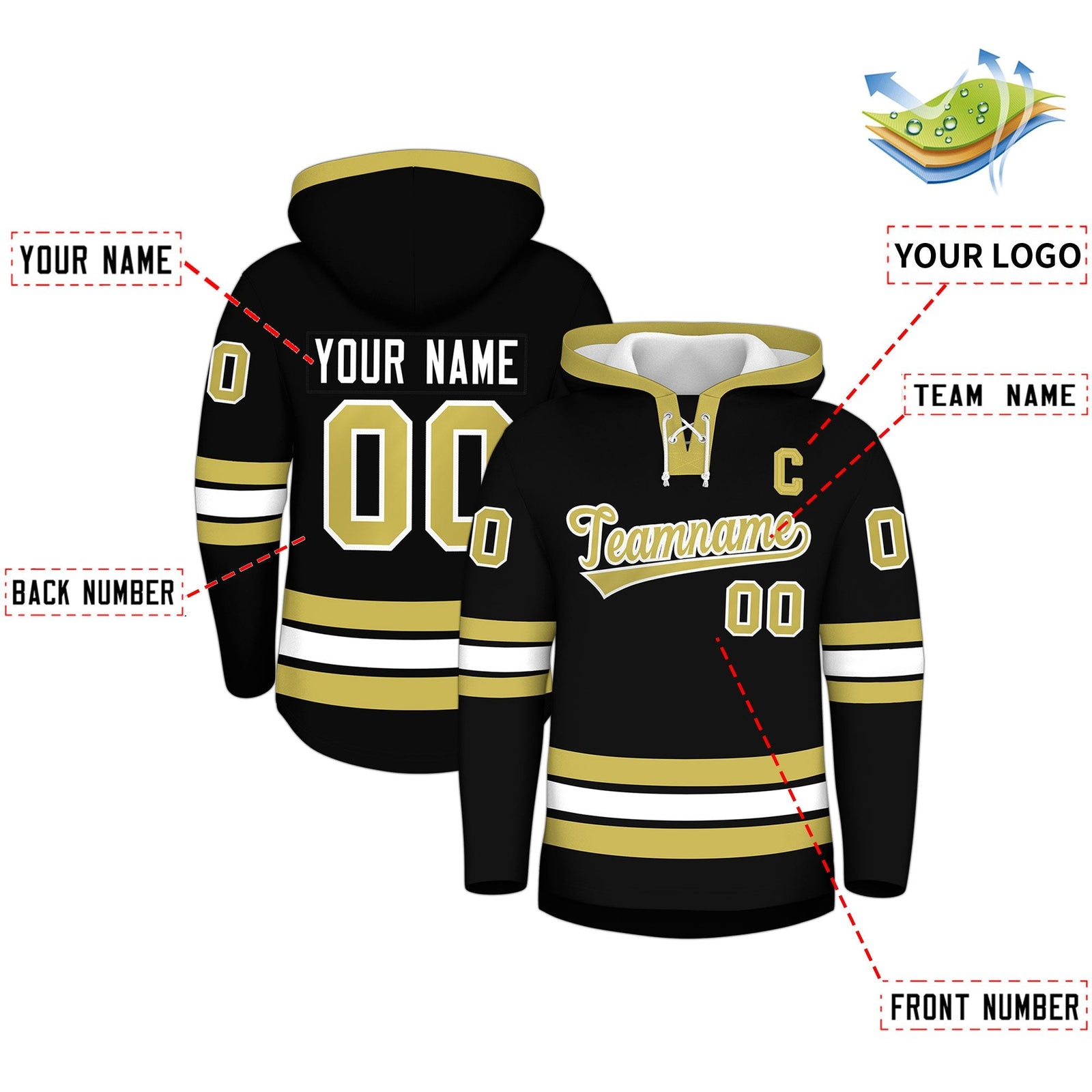 Custom Hockey Hoodie Jersey Black Old Gold Classic Style for Men&Youth