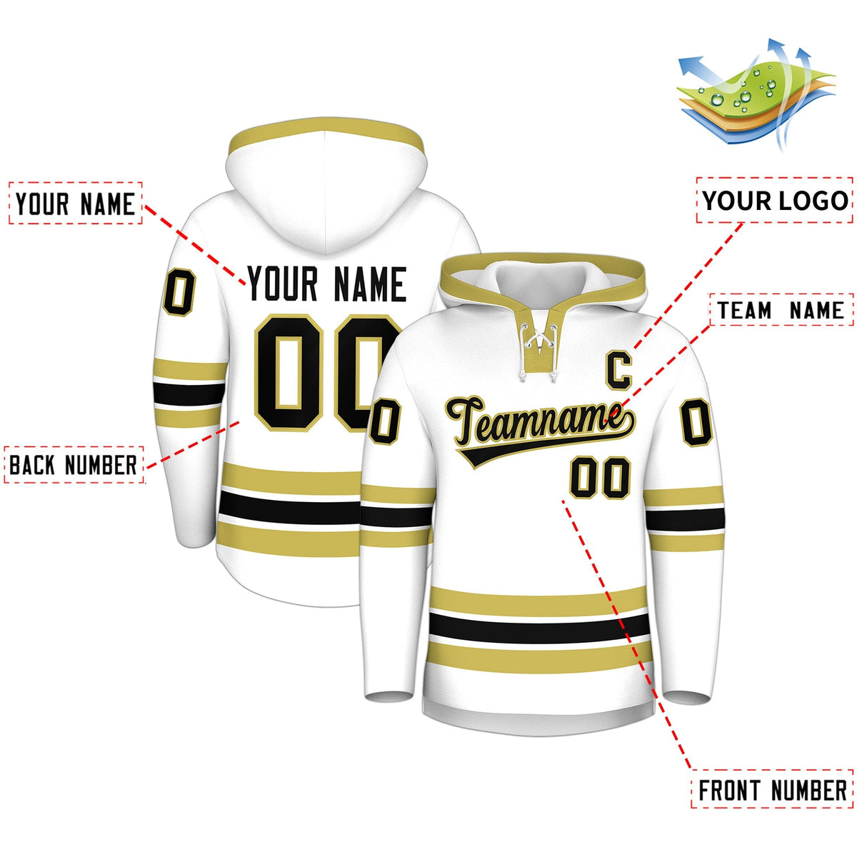 Custom Hockey Hoodie Jersey White Old Gold Classic Style Add Name,Number &amp; Logo