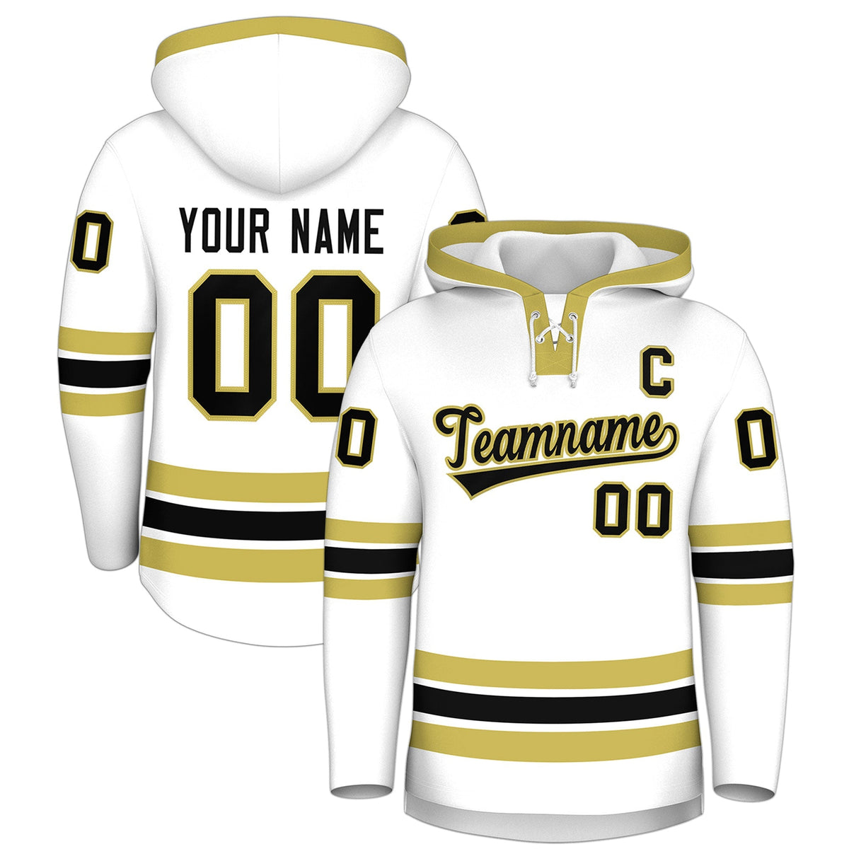 Custom Hockey Hoodie Jersey White Old Gold Classic Style Add Name,Number &amp; Logo