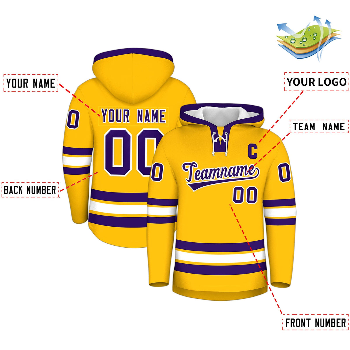 Custom Hockey Hoodie Jersey Gold Purple Classic Style Add Name,Number &amp; Logo