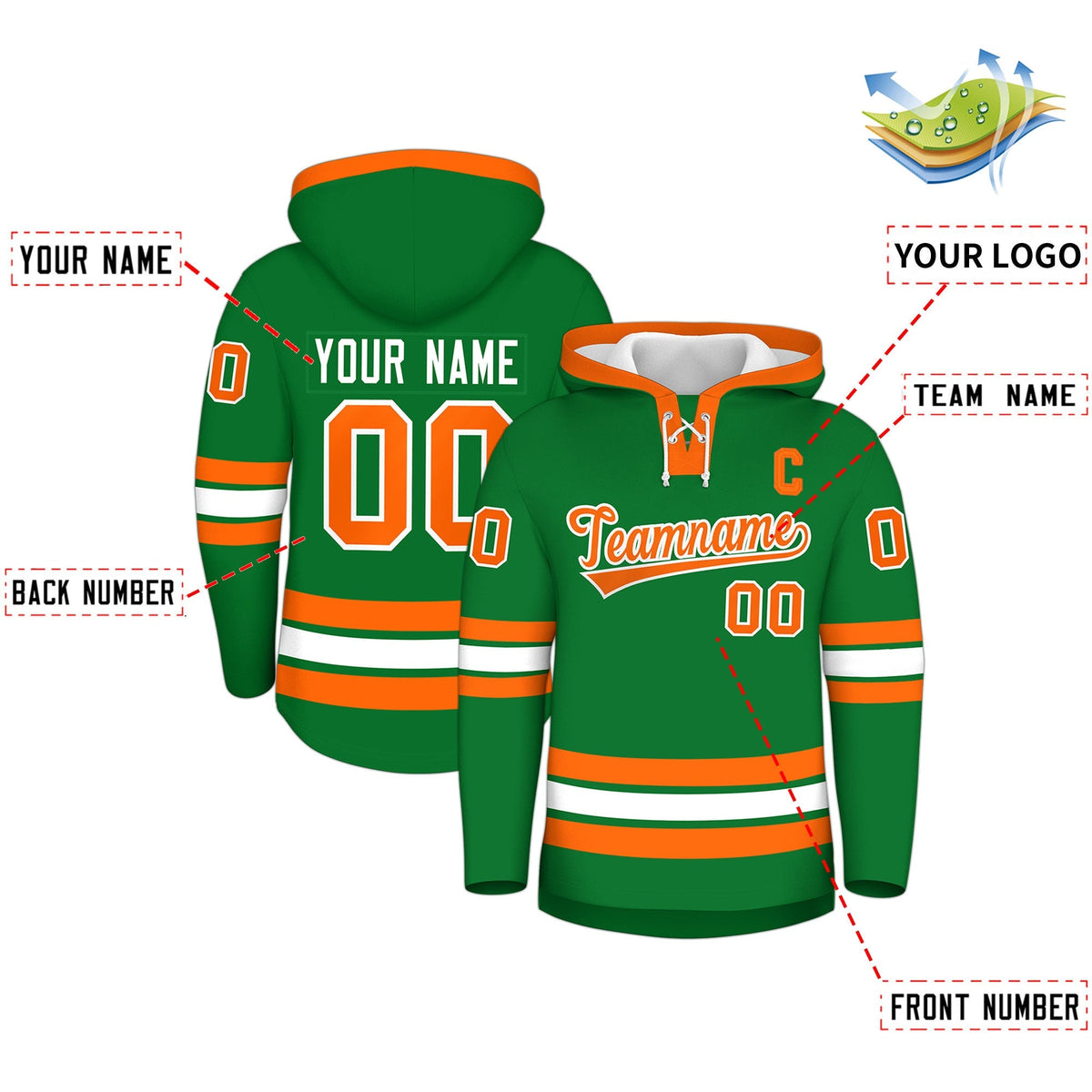 Custom Hockey Hoodie Jersey Kelly Green Orange Classic Style for Men&amp;Youth