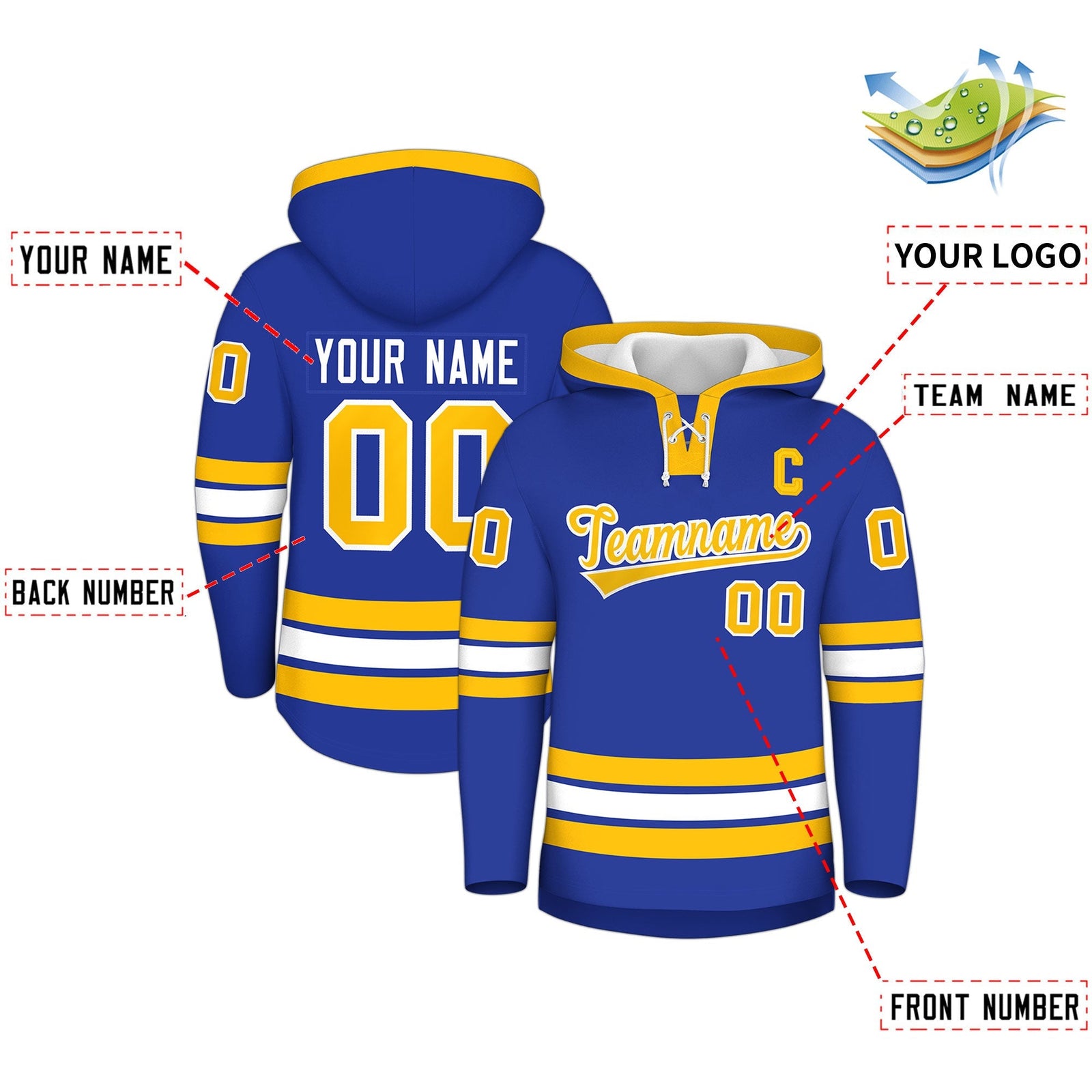 Custom Hockey Hoodie Jersey Royal Blue Gold Classic Style for Men&Youth