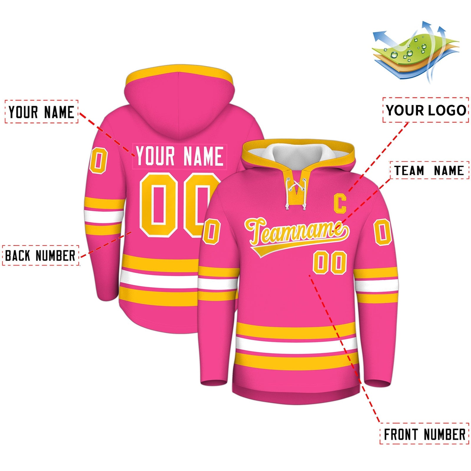 Custom Hockey Hoodie Jersey Pink Gold Classic Style Add Name,Number & Logo