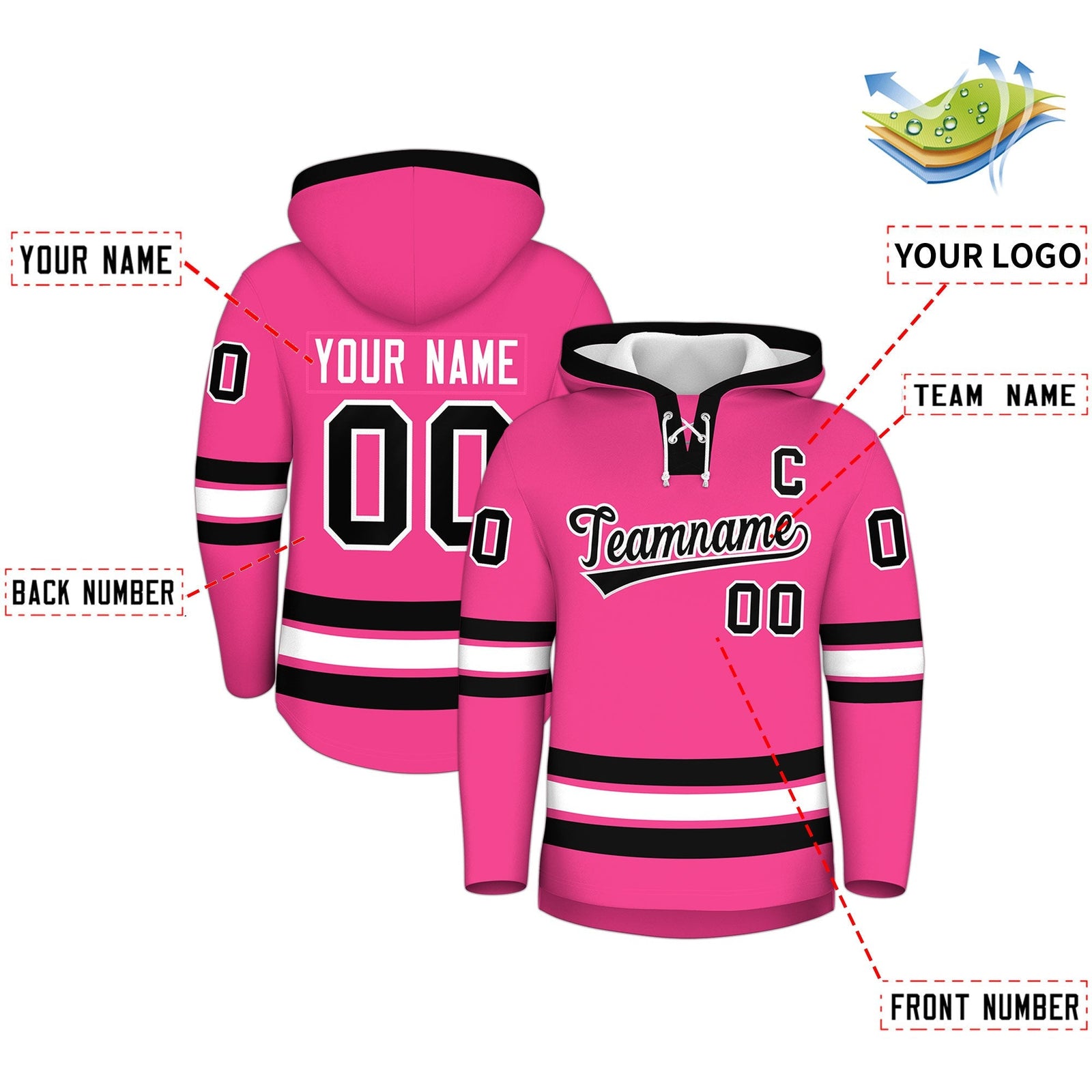 Custom Hockey Hoodie Jersey Pink Black Classic Style Add Name,Number & Logo
