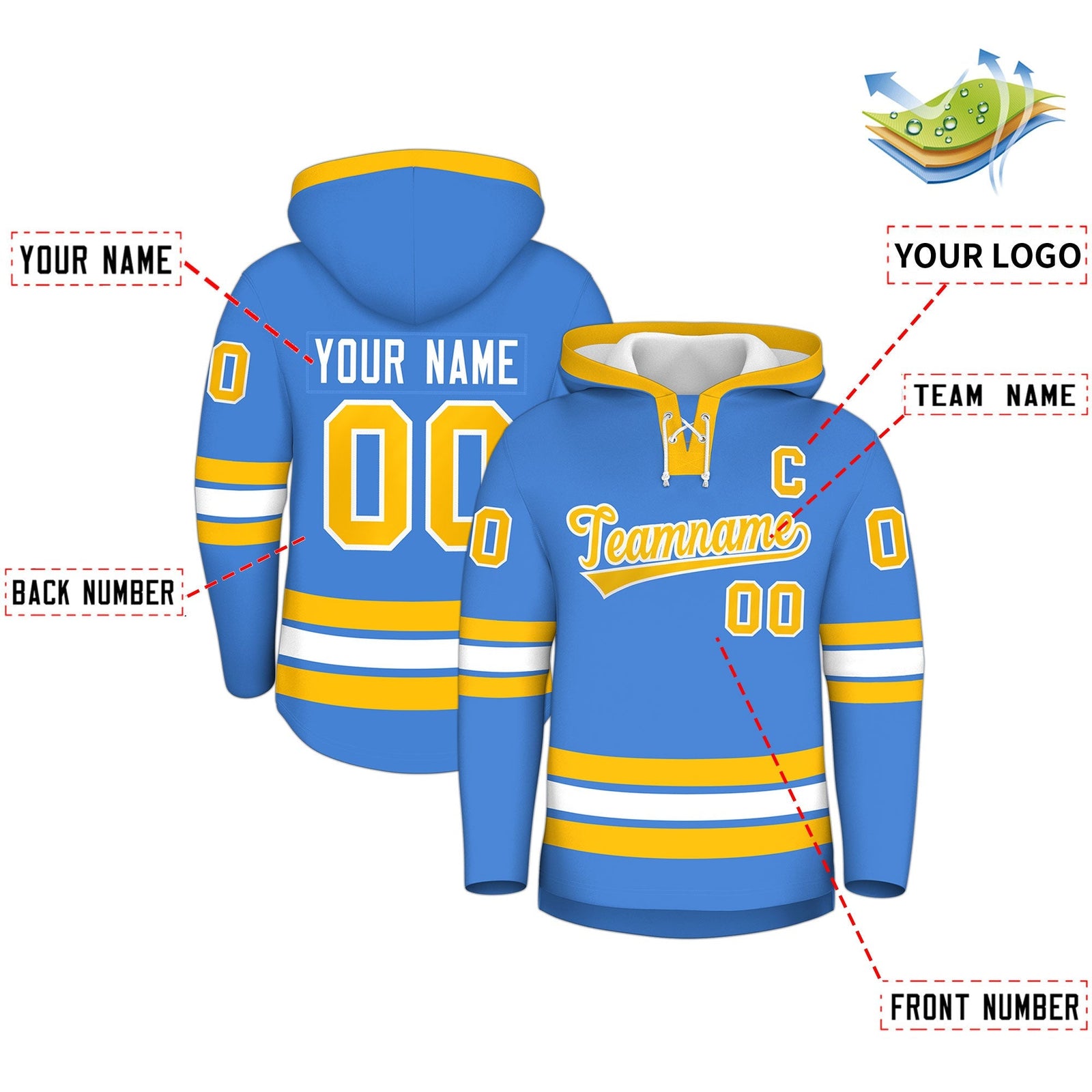 Custom Hockey Hoodie Jersey Powder Blue Gold Classic Style Add Name,Number & Logo