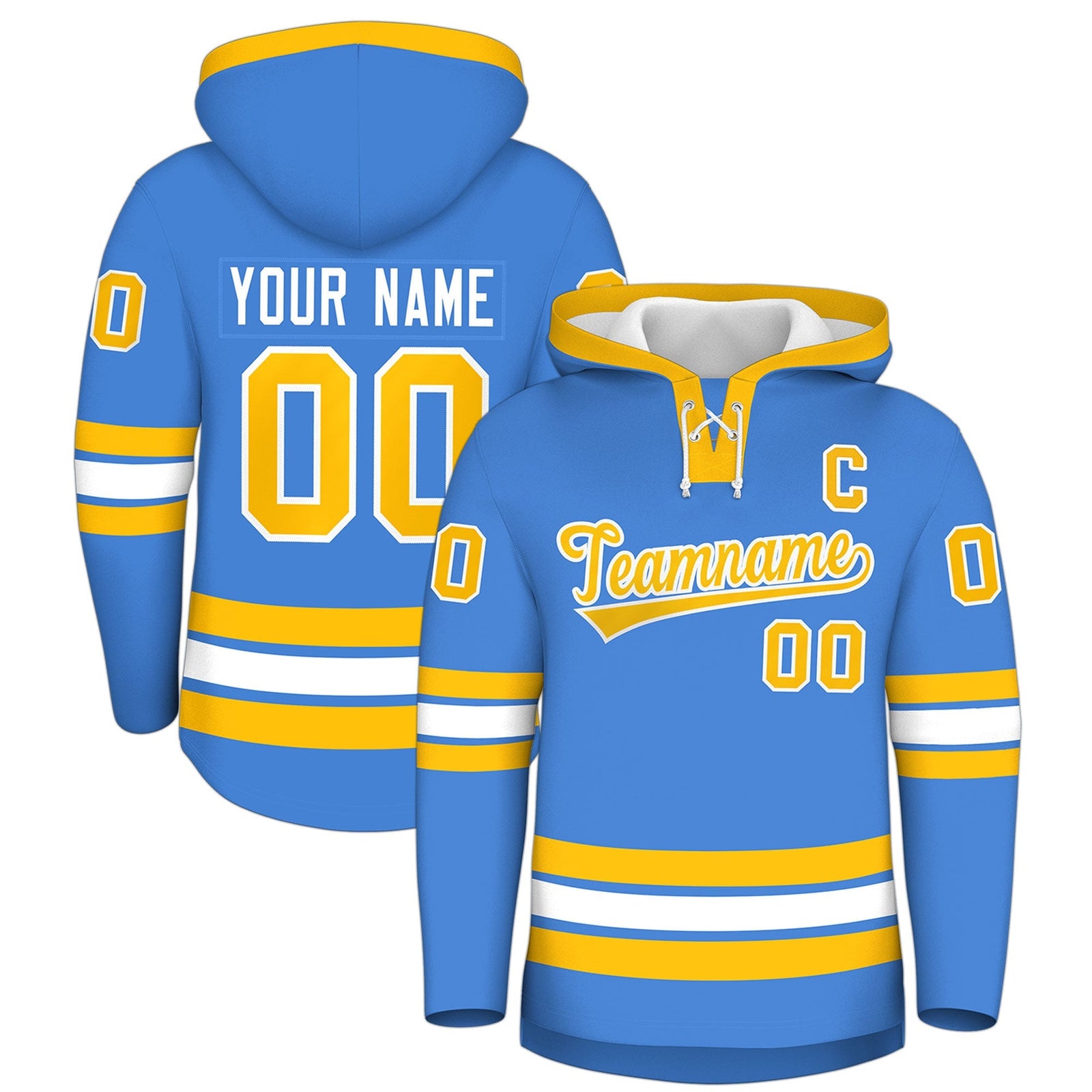Custom Hockey Hoodie Jersey Powder Blue Gold Classic Style Add Name,Number & Logo