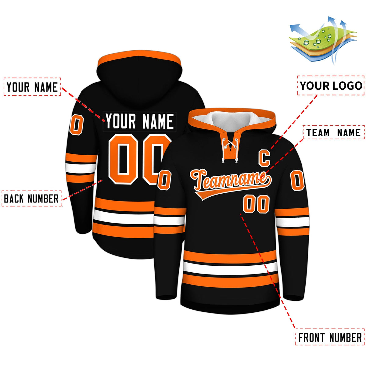 Custom Hockey Hoodie Jersey Black Orange Classic Style Add Name,Number &amp; Logo