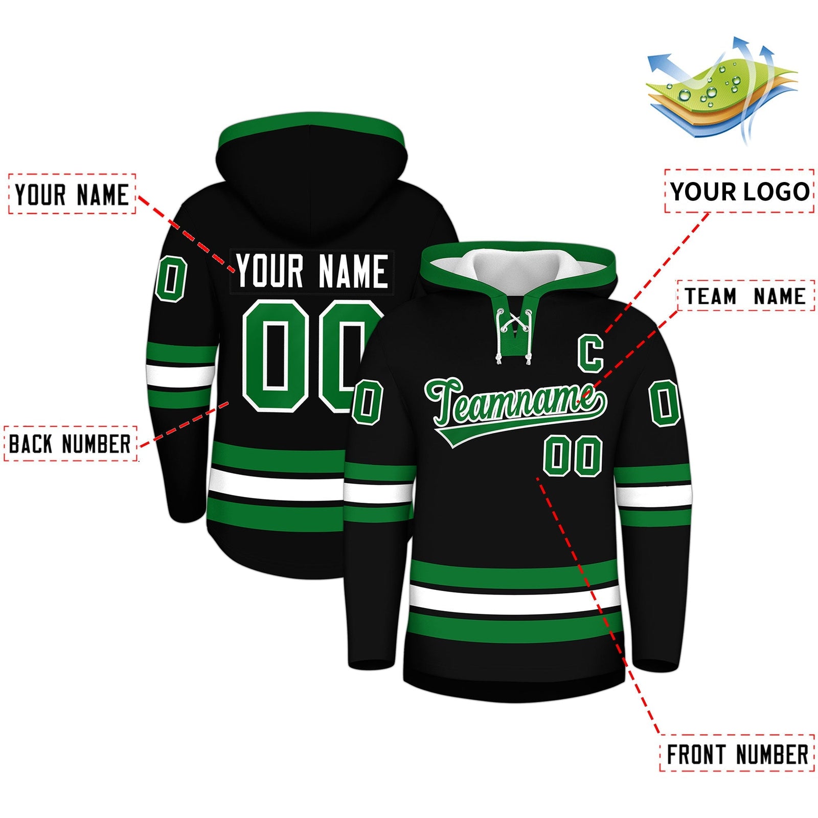 Custom Hockey Hoodie Jersey Black Kelly Green Classic Style for Men&Youth