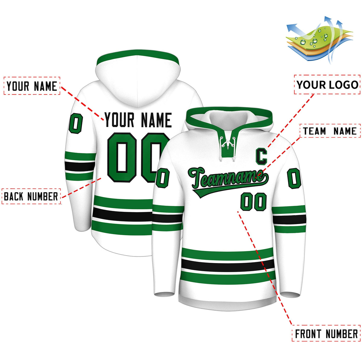 Custom Hockey Hoodie Jersey White Kelly Green Classic Style Add Name,Number &amp; Logo
