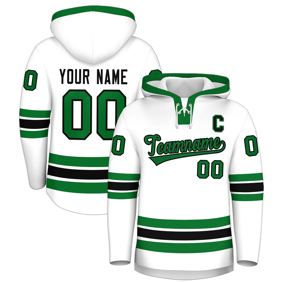 Custom Hockey Hoodie Jersey White Kelly Green Classic Style Add Name,Number &amp; Logo