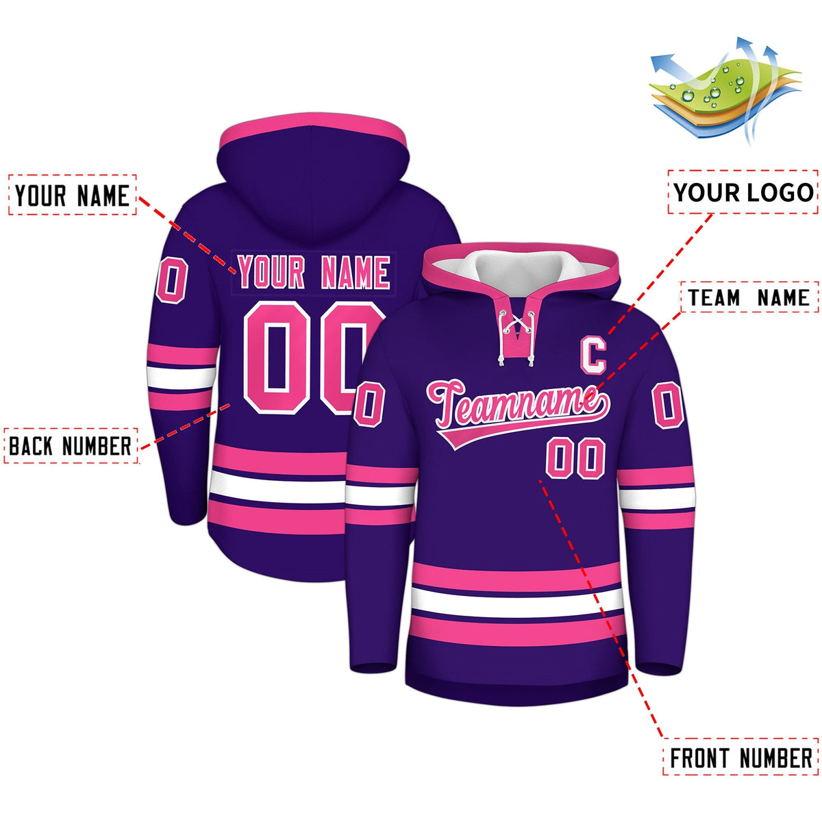 Custom Hockey Hoodie Jersey Purple Pink Classic Style for Men&amp;Youth