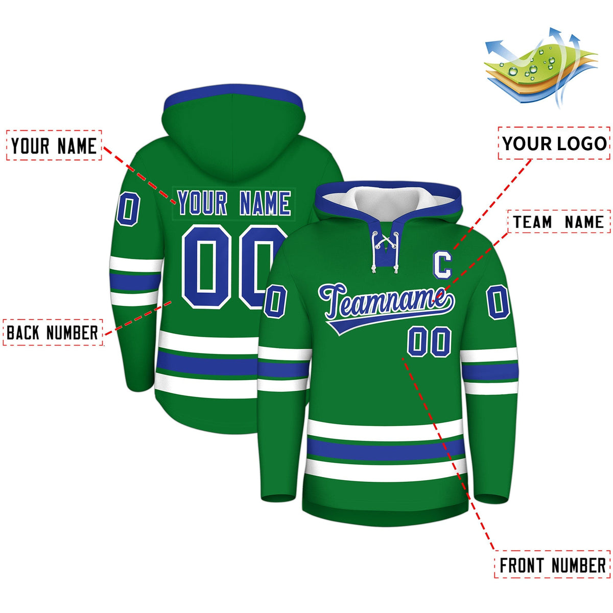 Custom Hockey Hoodie Jersey Kelly Green Royal Blue Classic Style Add Name,Number &amp; Logo