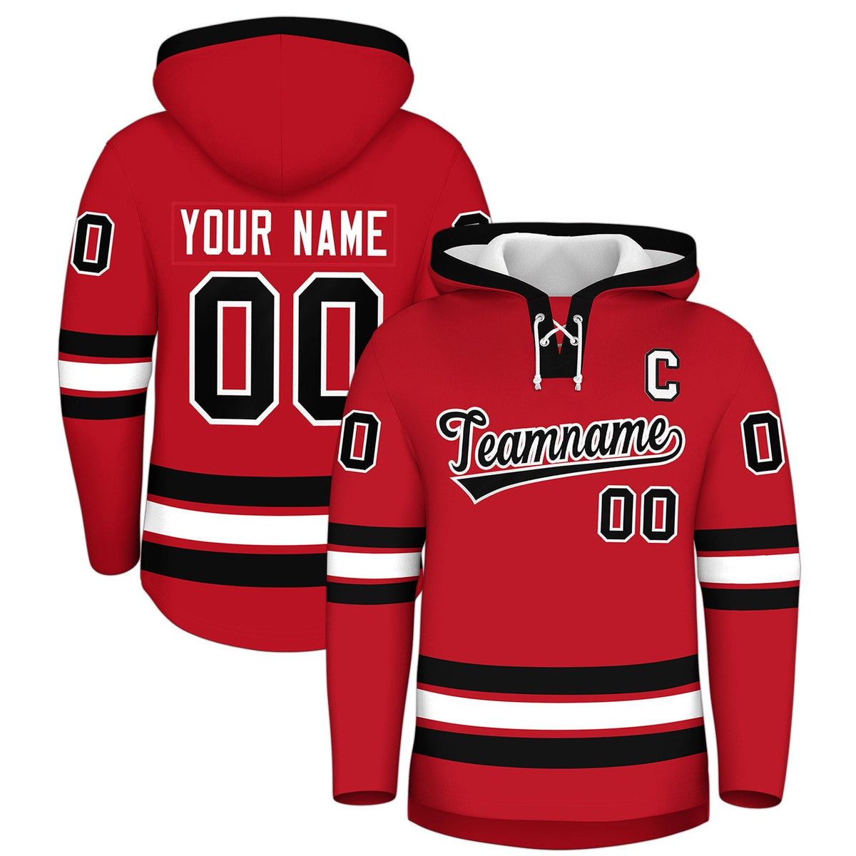 Custom Hockey Hoodie Jersey Red Black Classic Style Add Name,Number &amp; Logo