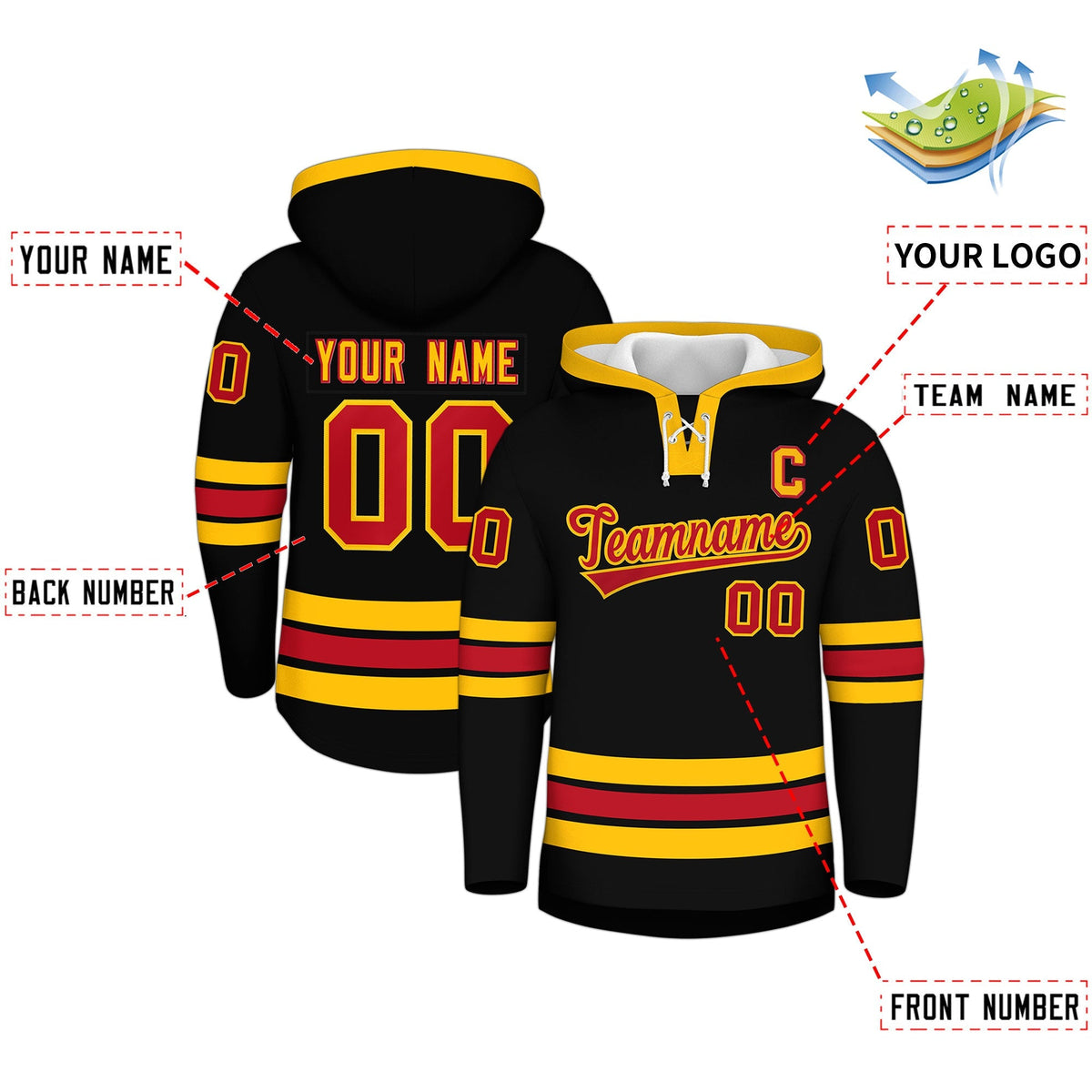 Custom Hockey Hoodie Jersey Black Red Classic Style Add Name,Number &amp; Logo
