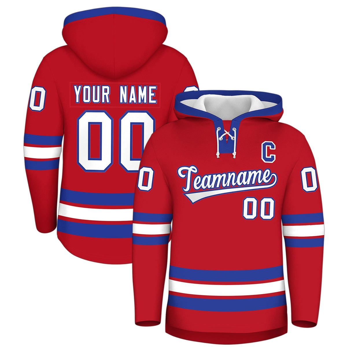 Custom Hockey Hoodie Jersey Red Royal Blue Classic Style Add Name,Number &amp; Logo